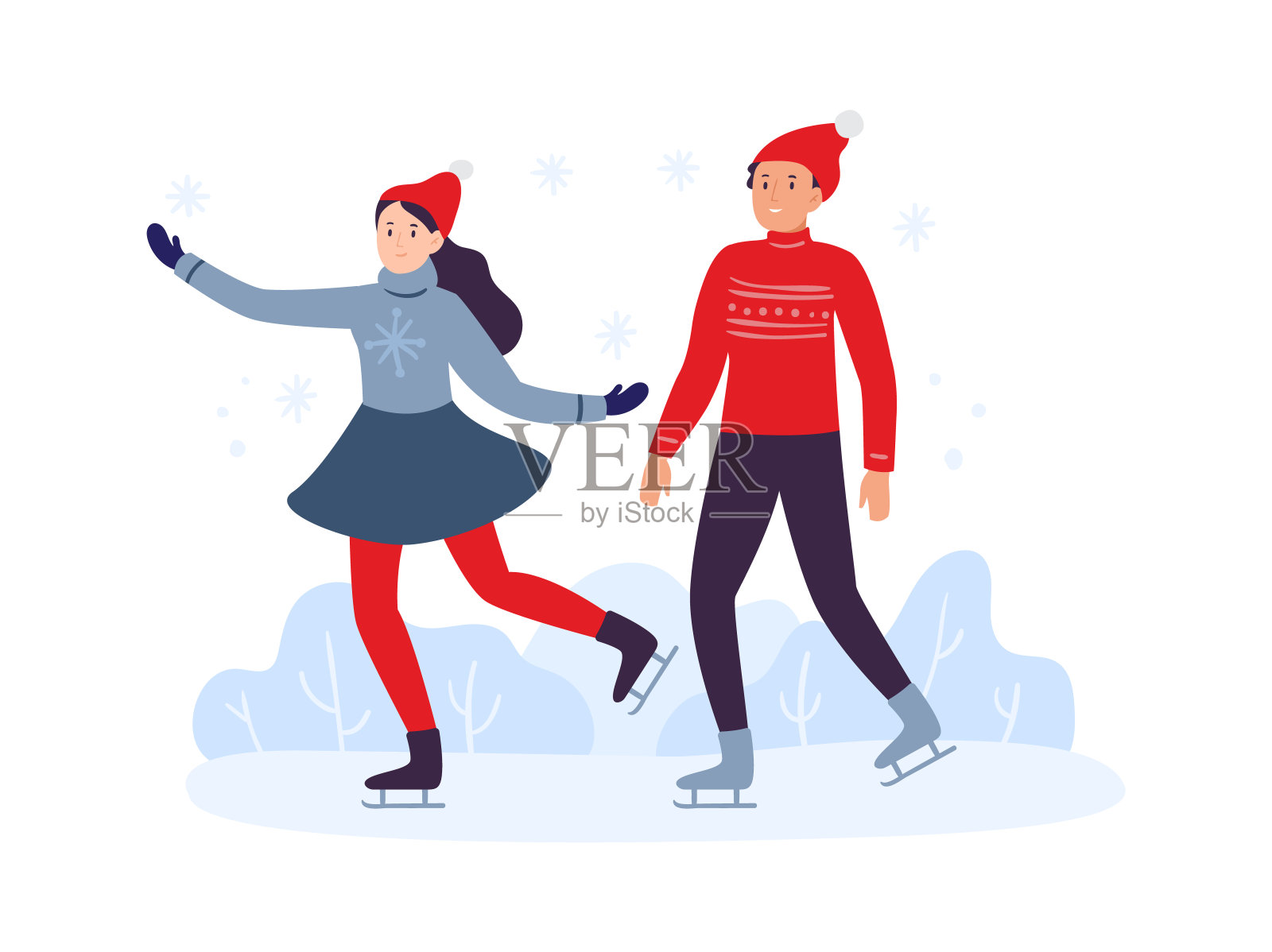 冬季运动活动。朋友们穿着暖和的衣服一起滑雪。年轻的女孩和男孩花时间插画图片素材