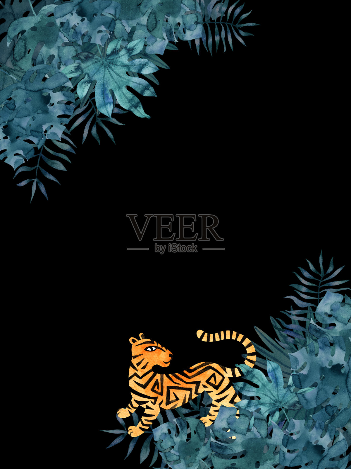 深色框架模板与水彩热带树叶在角落和一只老虎。异国情调的手绘插图在黑色。插画图片素材