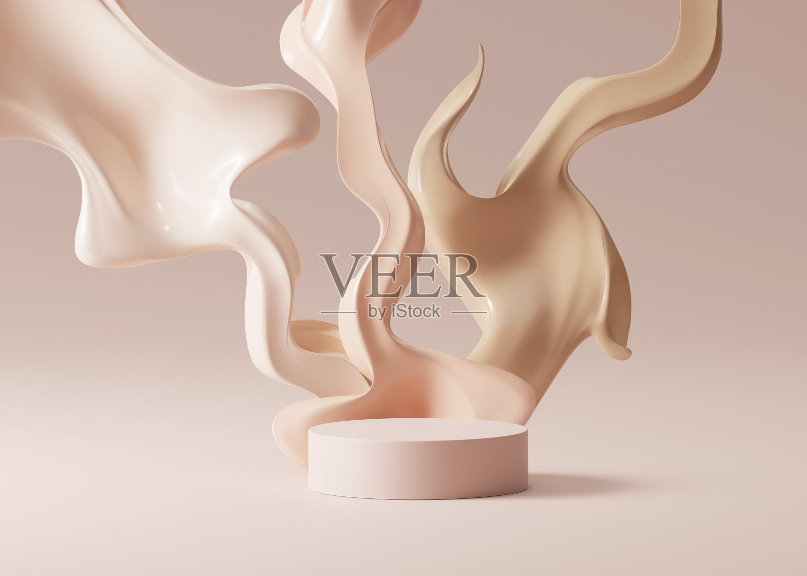 3D米色底座裙台与液体粉底飞溅在明亮的背景。裸色膏液流动展示展示，用于美容产品、化妆品的推广。抽象3D渲染图照片摄影图片