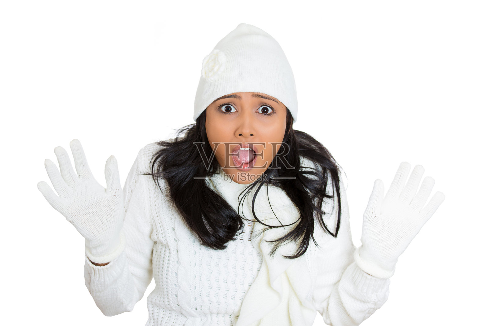 肖像年轻，美丽，震惊的女人穿着冬季装备，围巾，手套，毛衣，帽子照片摄影图片