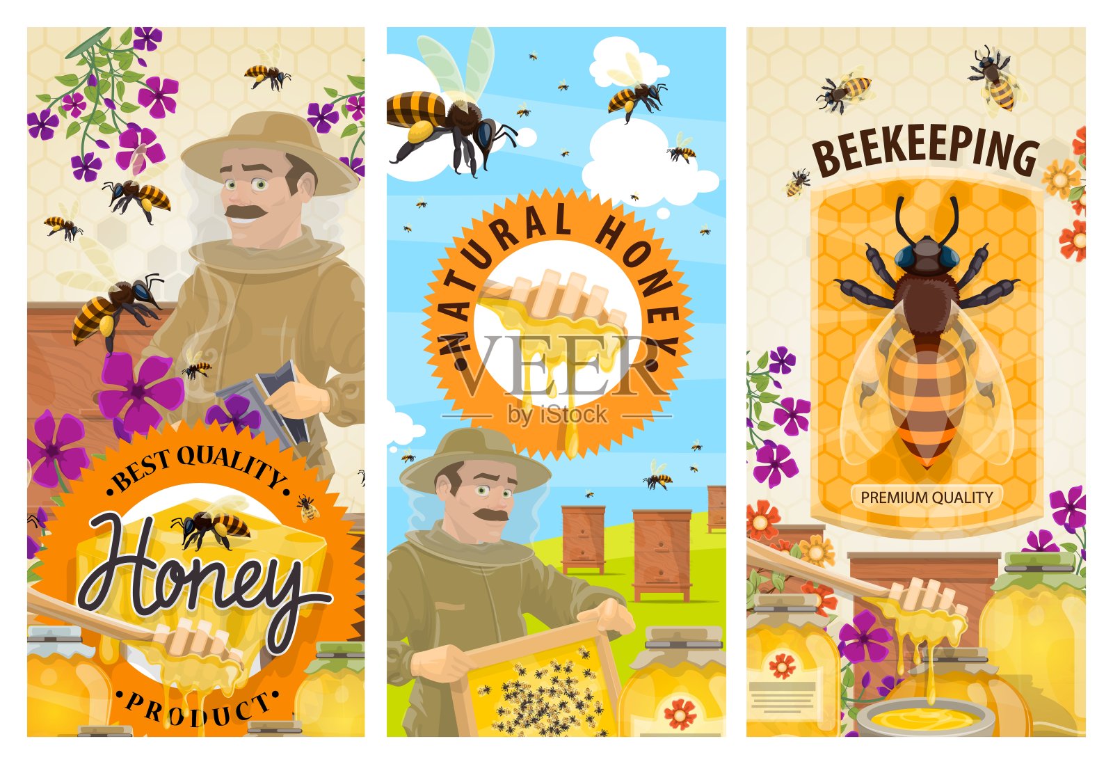 蜂蜜，蜜蜂，蜂箱，养蜂人养蜂人的旗帜插画图片素材