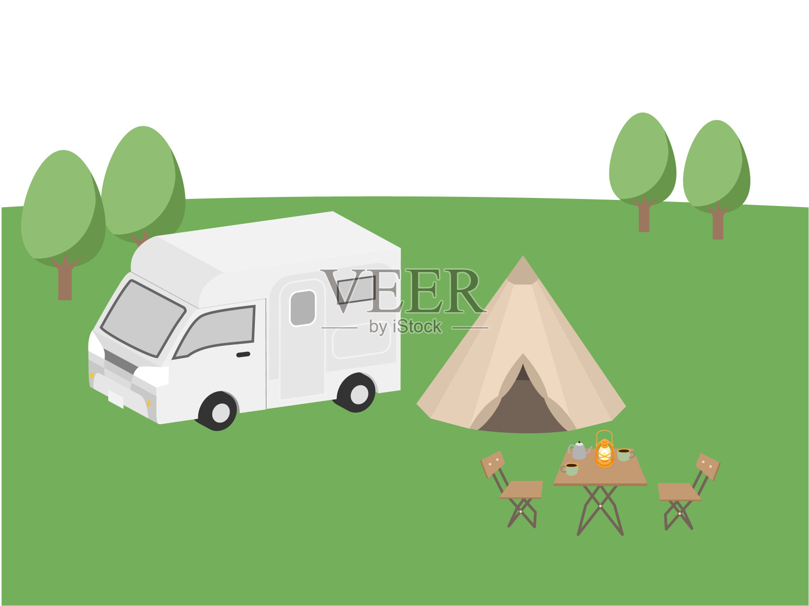 有露营者和帐篷的景观插画图片素材