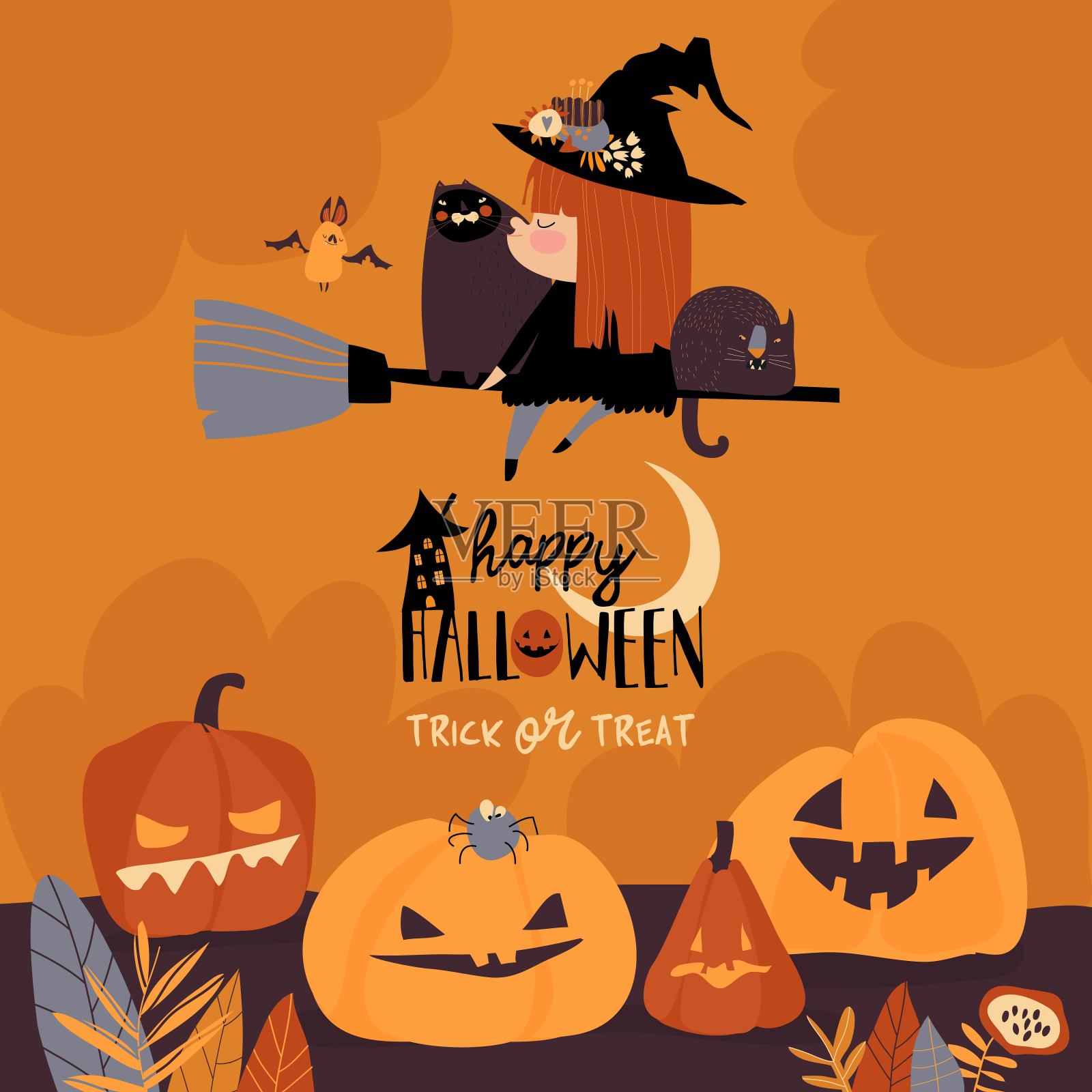 Cute Halloween redheaded witch flying on broom背景图片素材