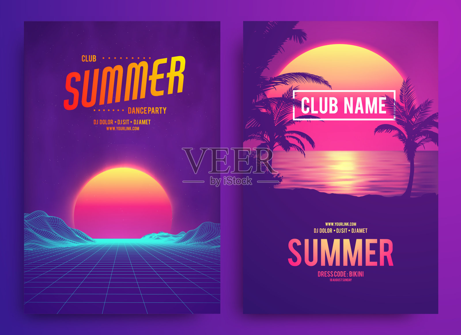Retro background futuristic landscape 1980s style. Cocktail party, Electronic music fest, electro summer poster. Abstract gradients music background. EPS 10 Vector illustration. Vibrant design.设计模板素材