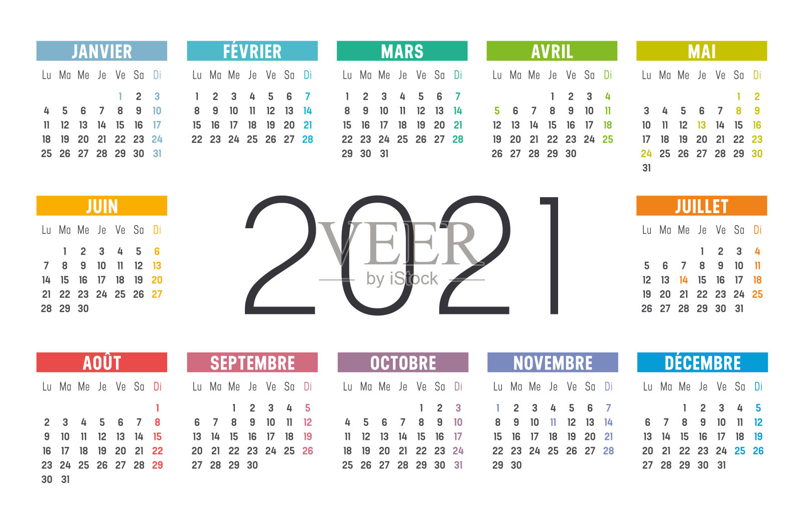 彩色2021一页法国日历设计模板素材