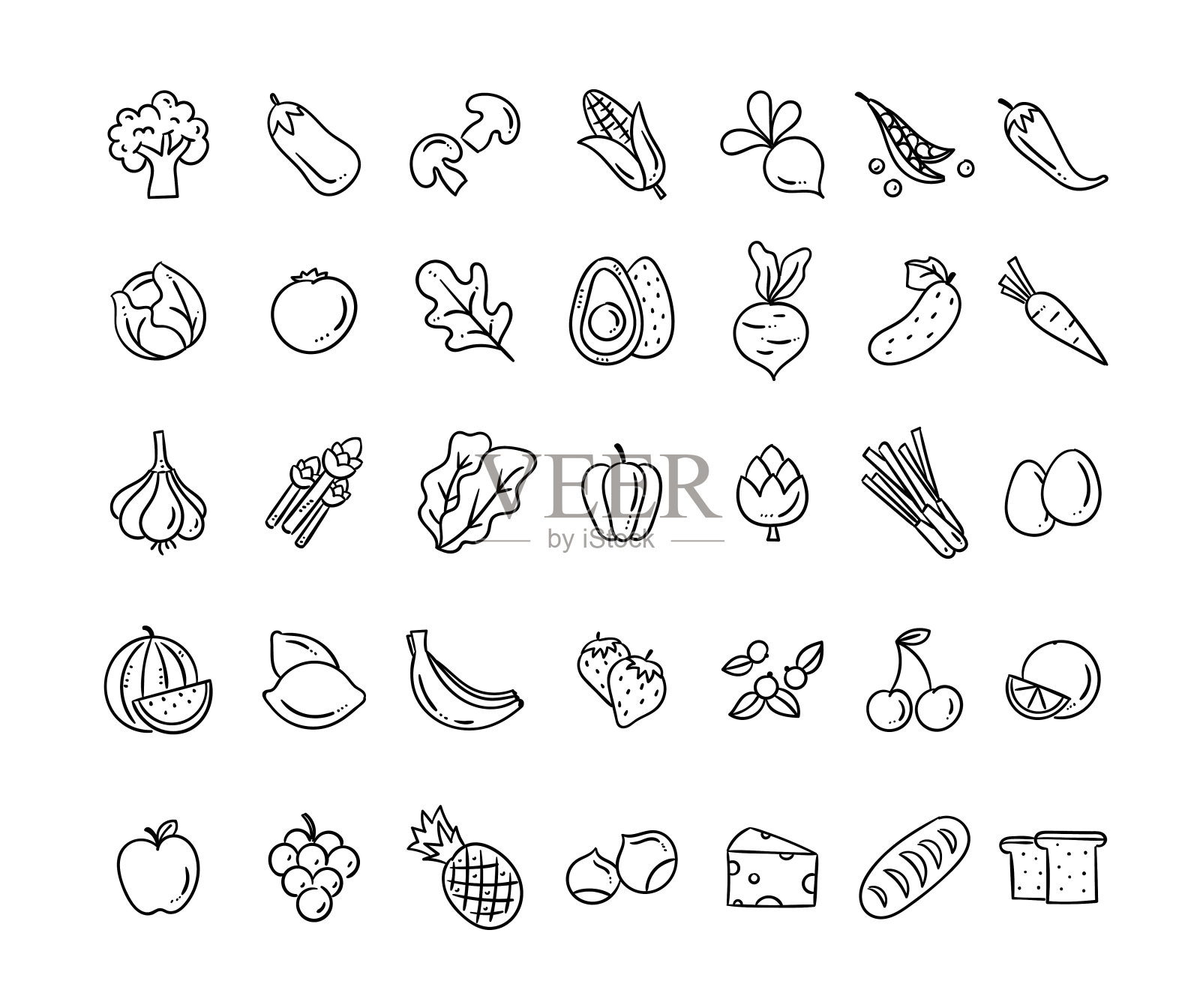健康食物矢量图标。手绘食物图标集。可爱的吃的涂鸦孤立在白色的背景图标素材