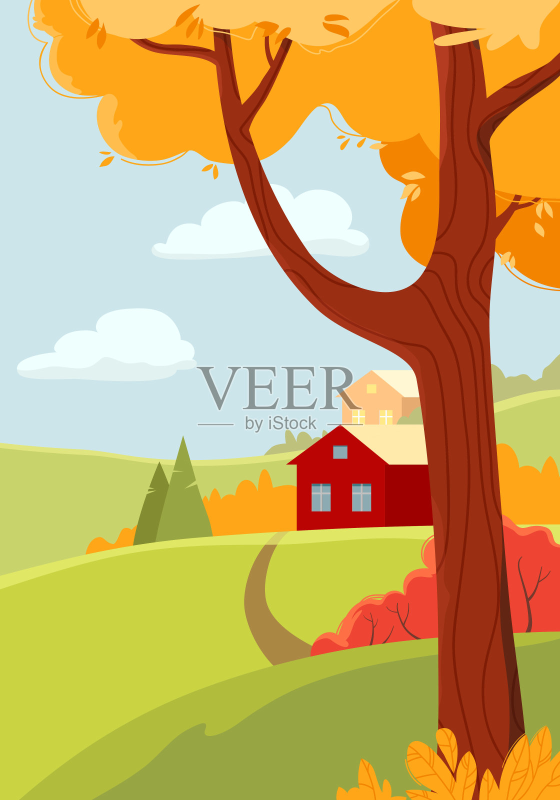 秋天的风景与村庄和五颜六色的树。清晰,阳光灿烂的日子。设计元素图片