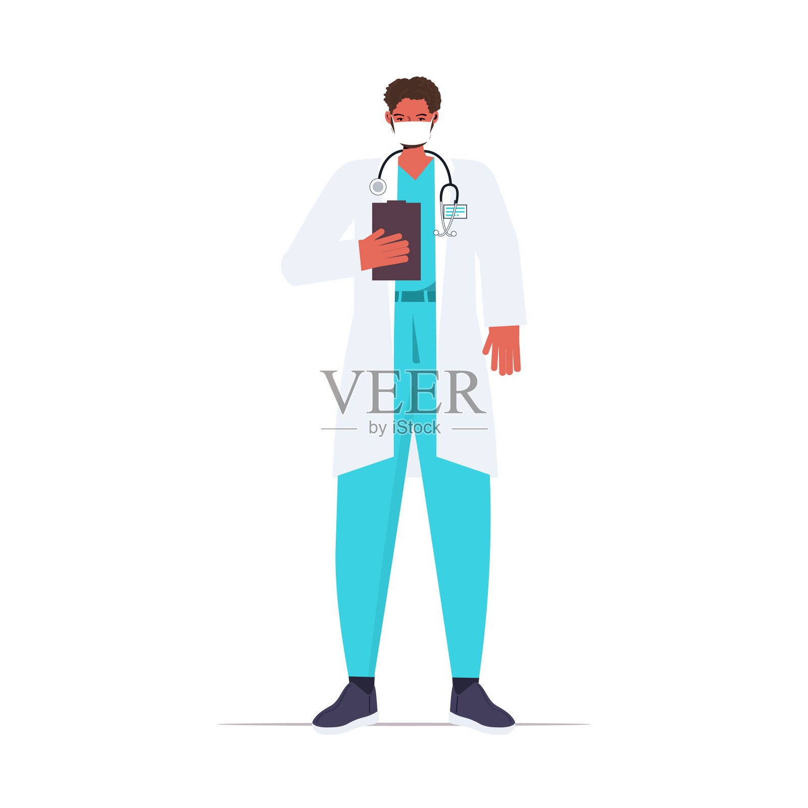 男医生身着制服戴口罩预防冠状病毒大流行庆祝劳动节的概念插画图片素材