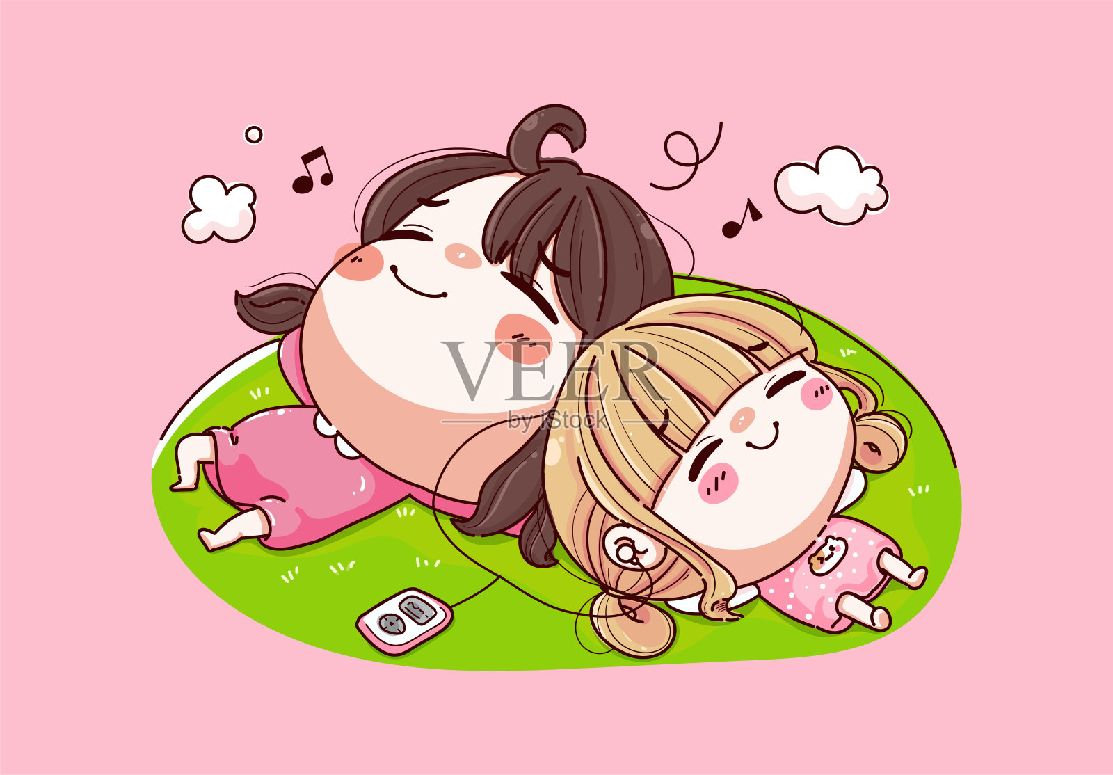 两个年轻女子躺在草坪上听着音乐，快乐的一天为设计做背景。插画图片素材