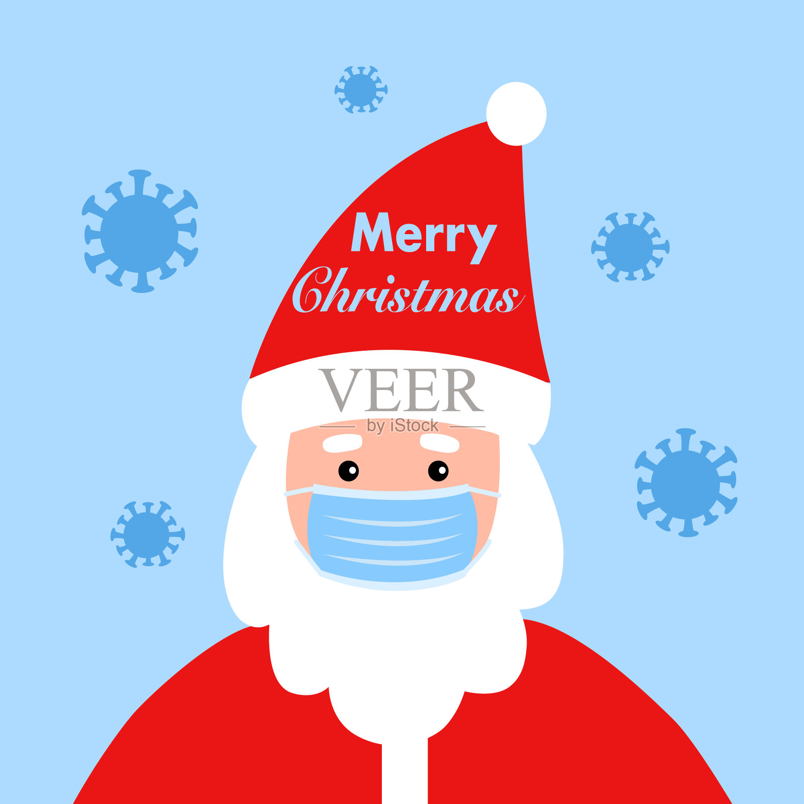 圣诞老人戴着带有病毒细胞的医用口罩。2019冠状病毒病概念病媒插画圣诞快乐。插画图片素材