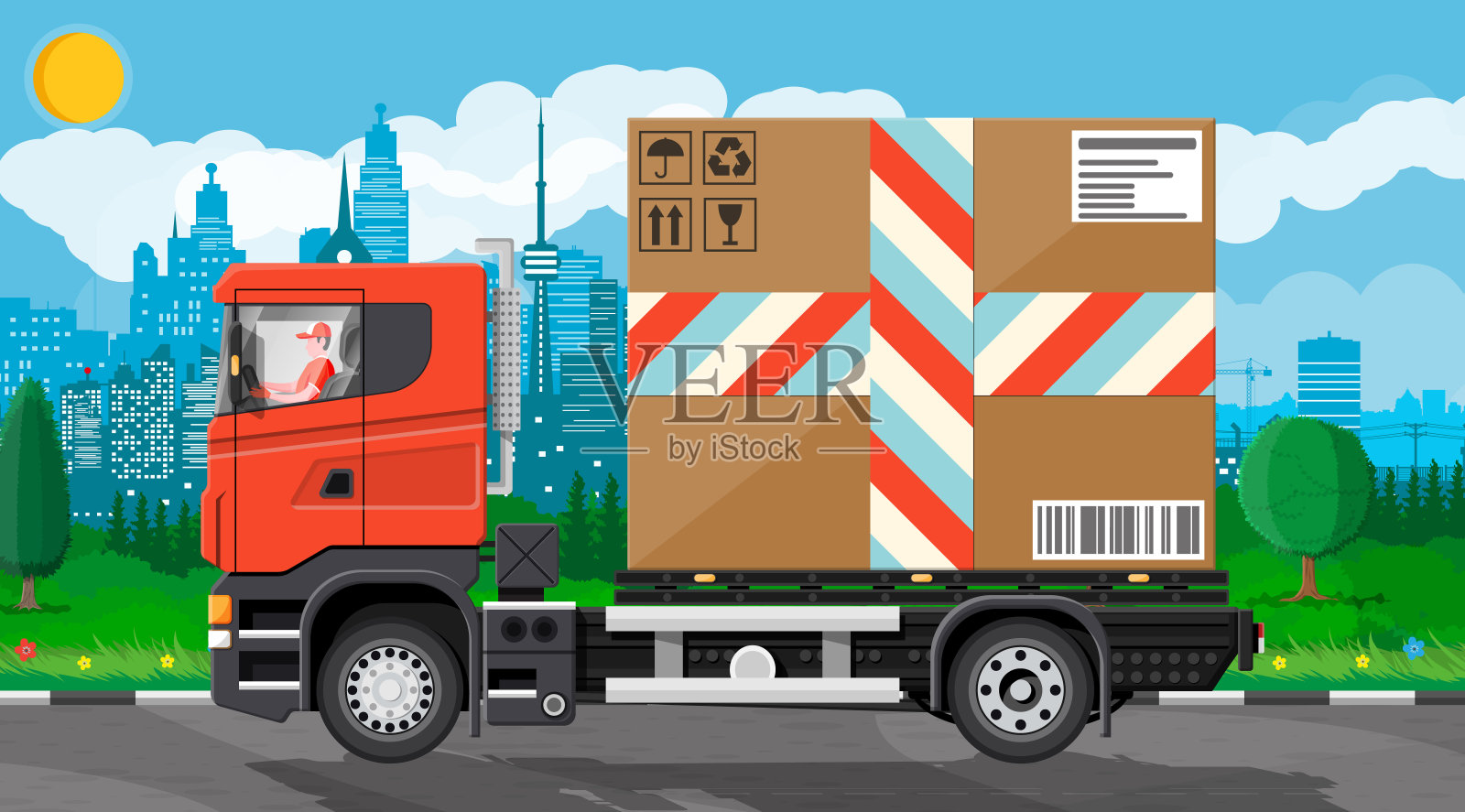 红色货车和大纸板箱在城里。插画图片素材