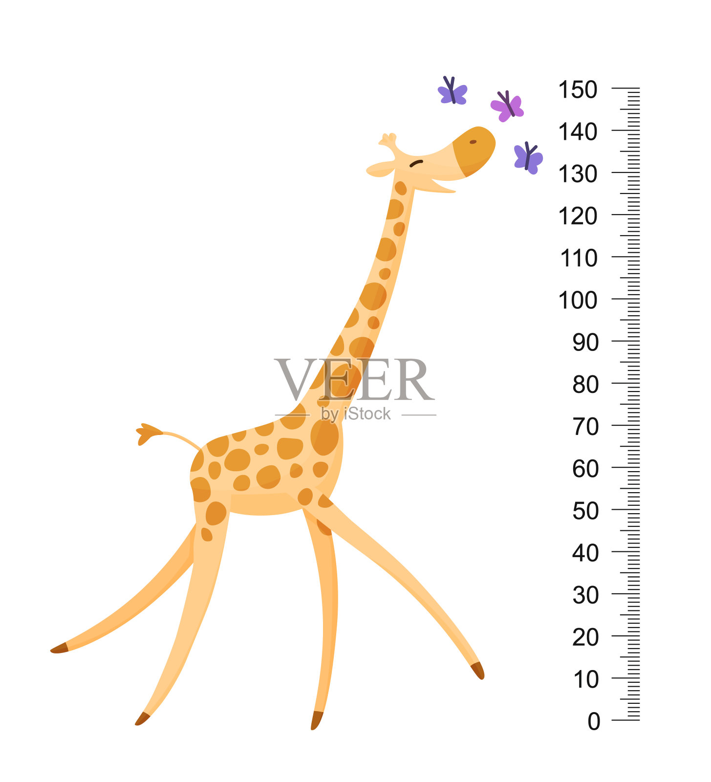 有趣的长颈鹿。快乐有趣的长脖子长颈鹿。长颈鹿米墙或高度图表或墙贴纸。插图从2到150厘米的比例来测量生长插画图片素材