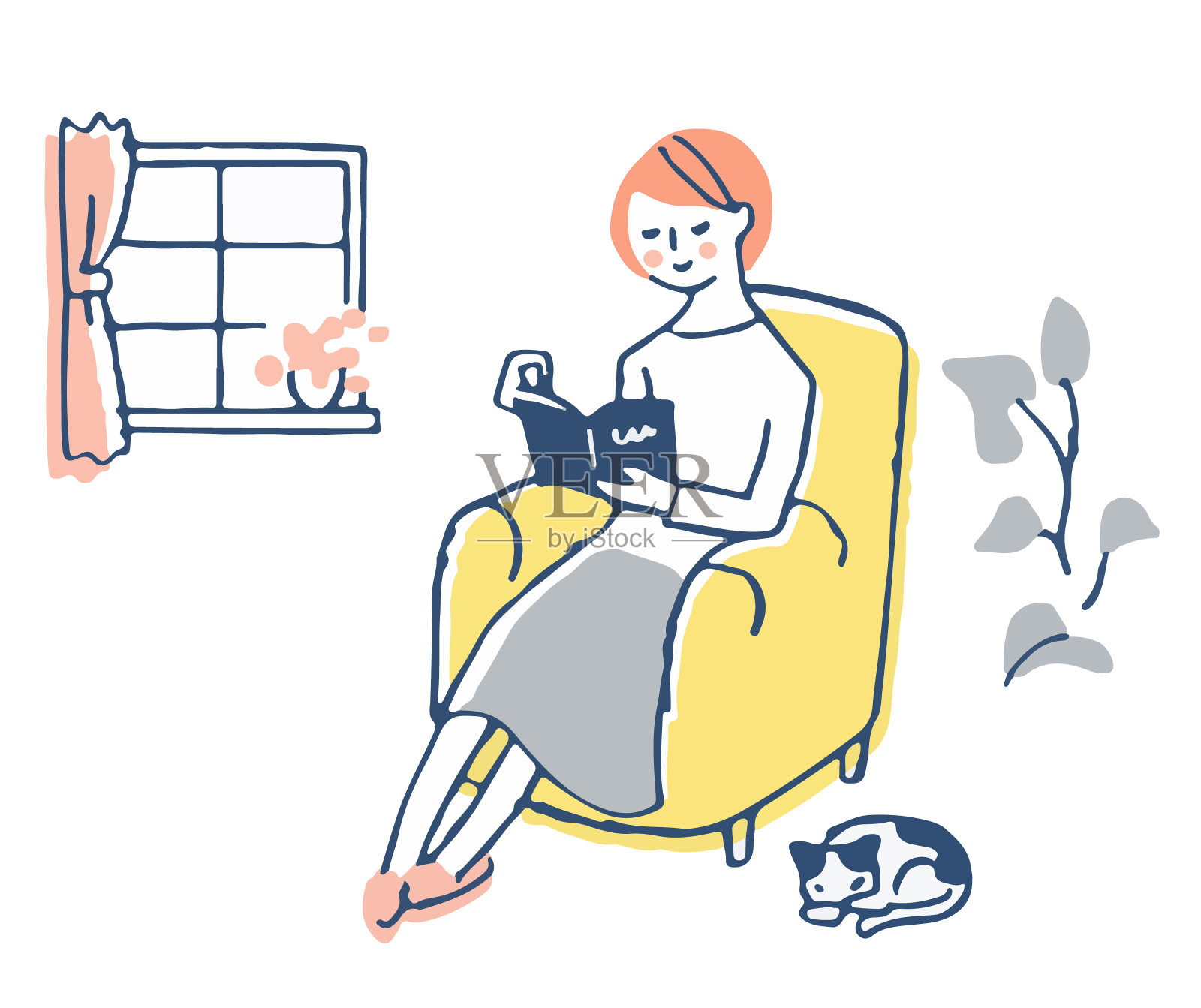 一个坐在沙发上享受阅读的女人插画图片素材