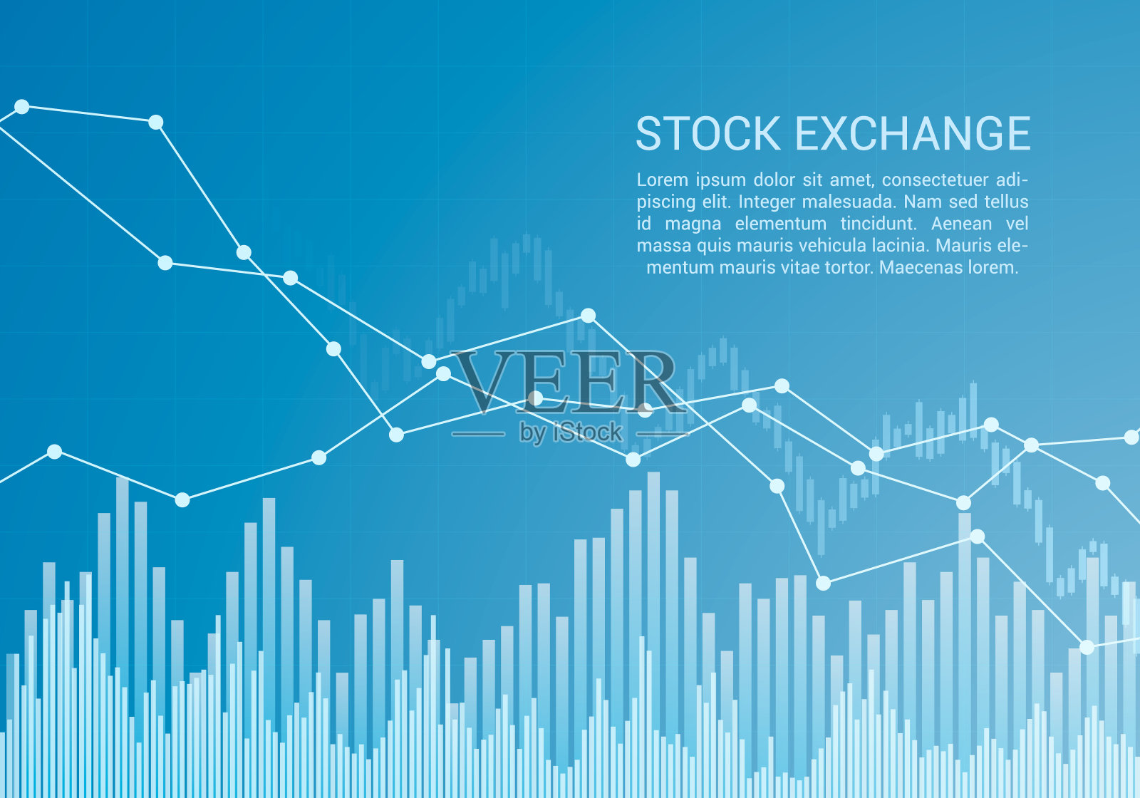 蓝色股票市场或金融烛台图具有上升和下降趋势和文本向量插画图片素材