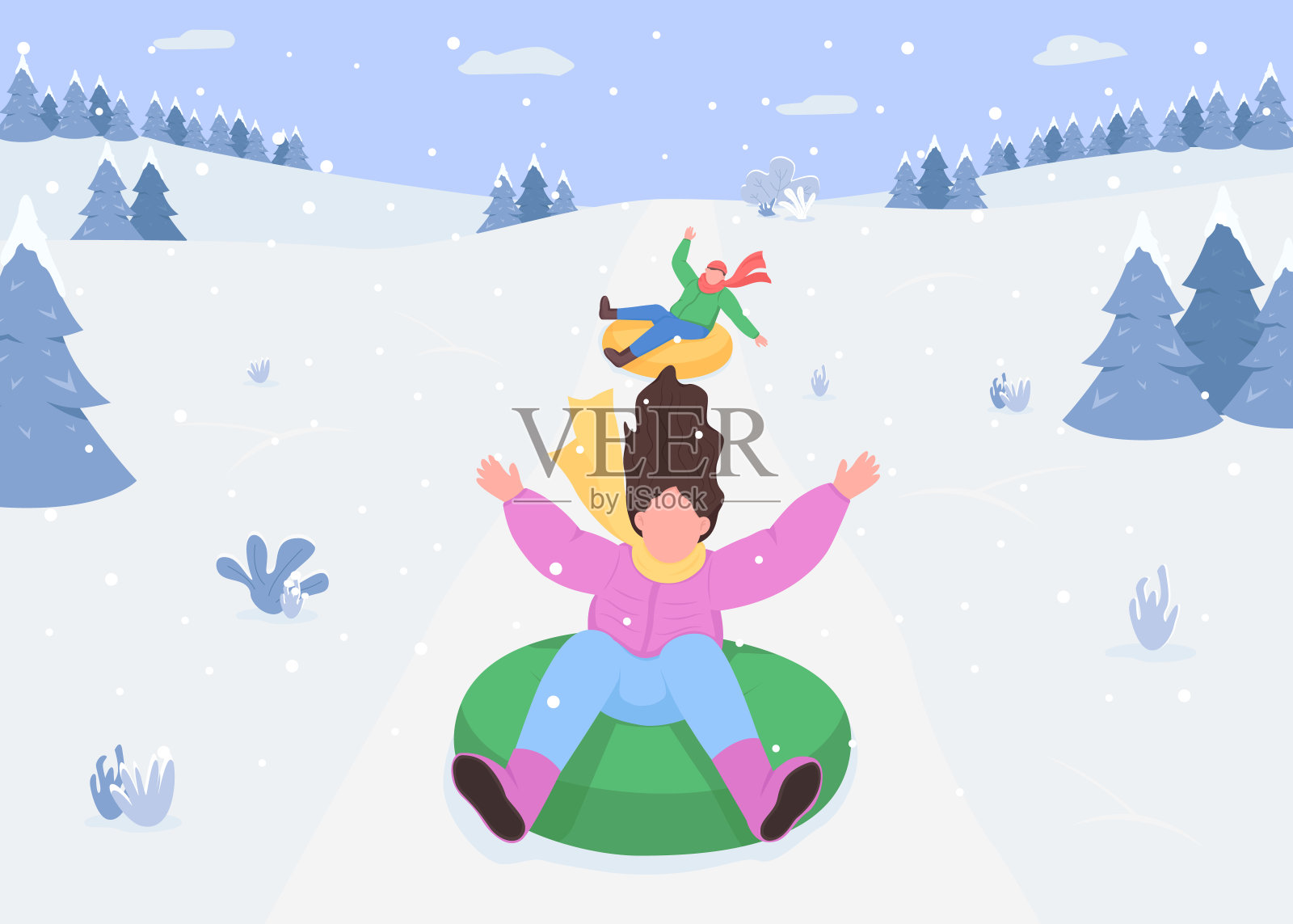 雪山雪橇平彩色矢量插图插画图片素材