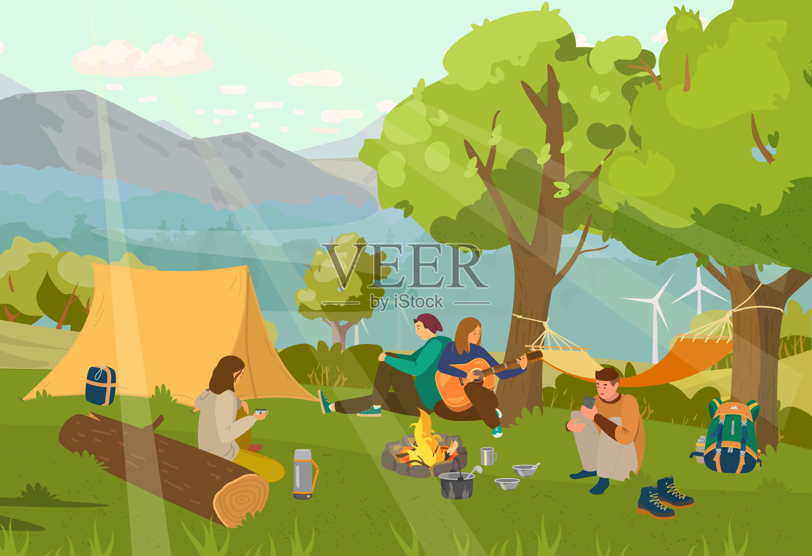 一群朋友在营地围坐在篝火旁插画图片素材