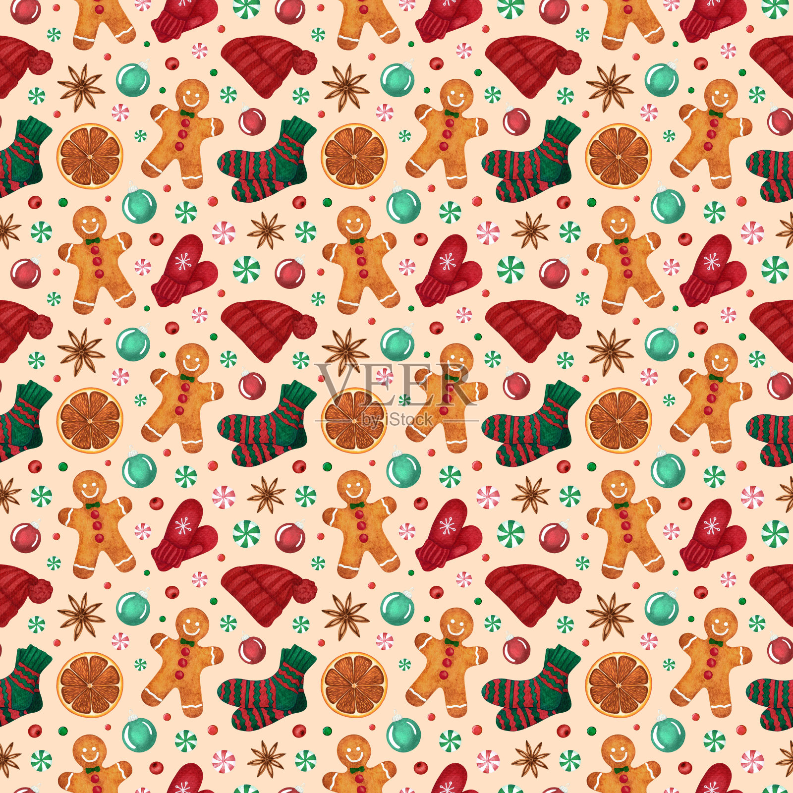 无缝图案的水彩圣诞姜饼人，温暖的针织衣服，节日树球，糖果。手绘寒假背景插画图片素材
