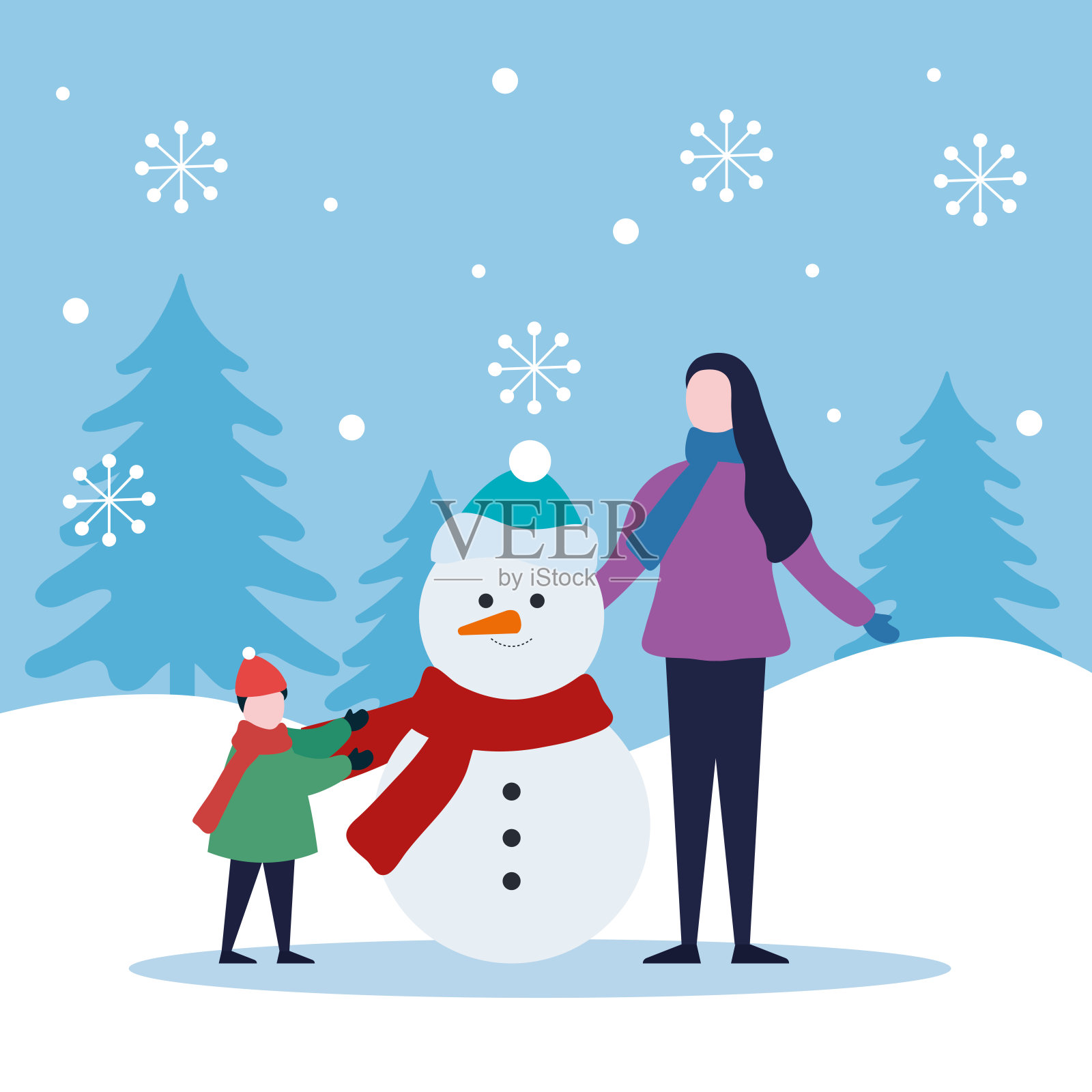 merry christmas mother and boy kid with snowman vector design插画图片素材