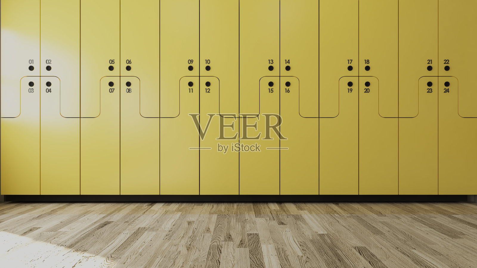 黄色木质编号的学生储物柜在现代空教室3D渲染。照片摄影图片