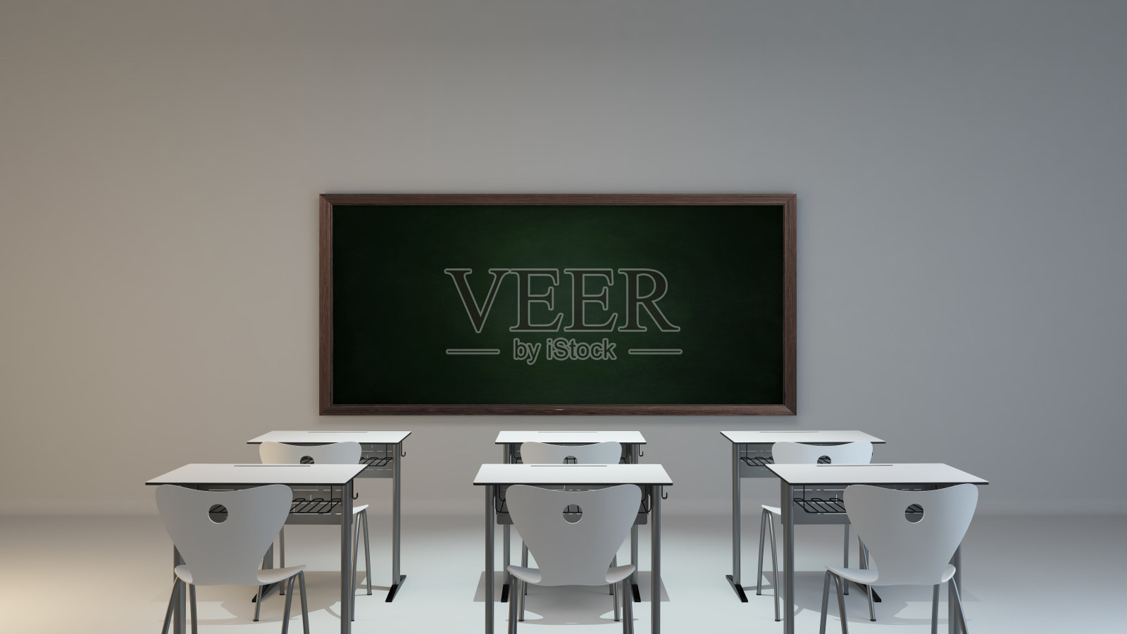 白色课桌、椅子和绿色黑板的3D渲染的现代教室概念照片摄影图片