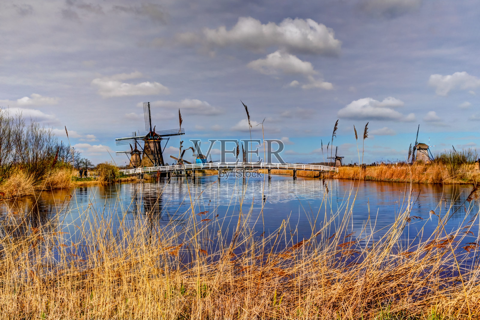 荷兰金德迪克风车间的风景照片摄影图片