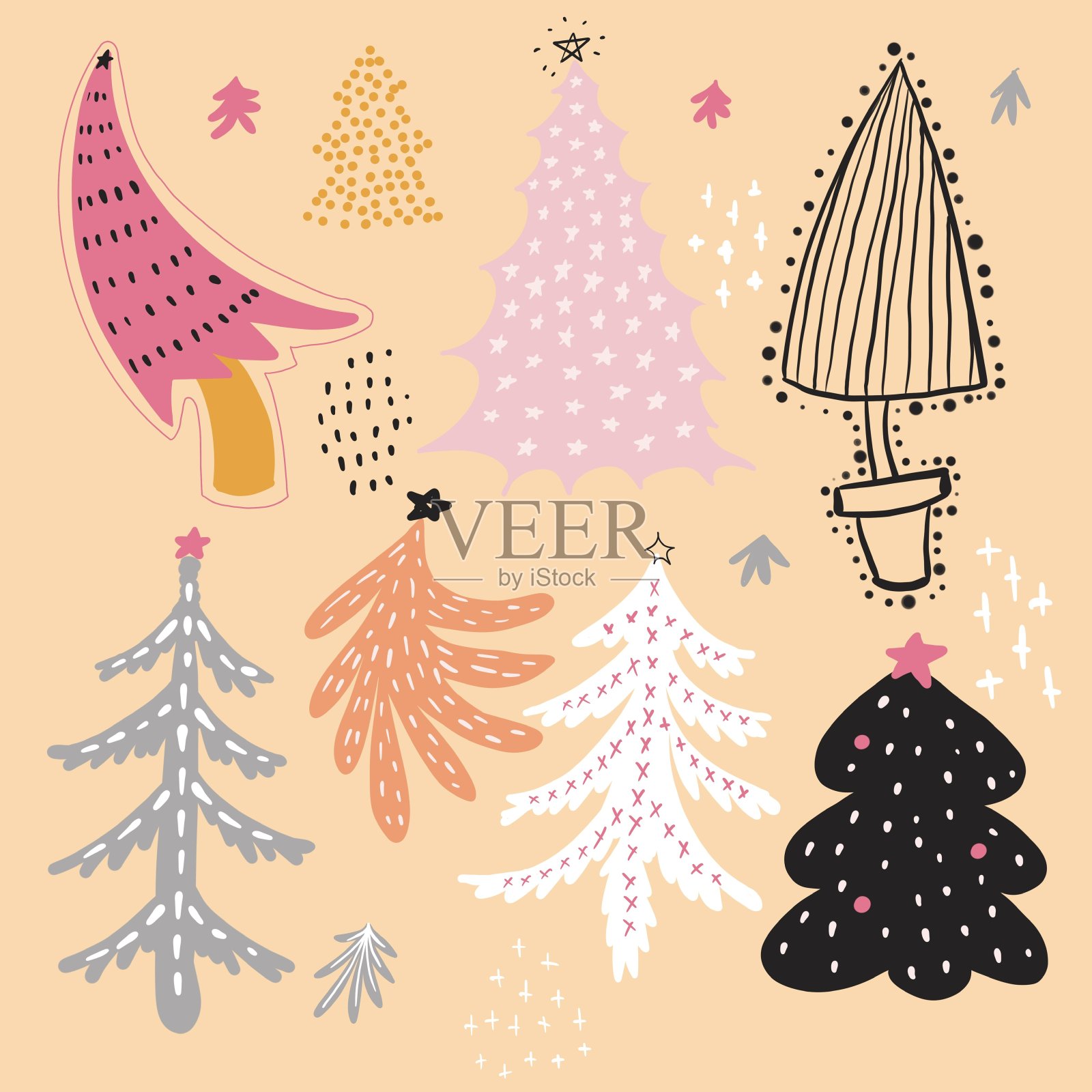 无限图案:圣诞树有灰色、粉色、白色、黄色和橙色。在明亮的桃色背景上。插画图片素材