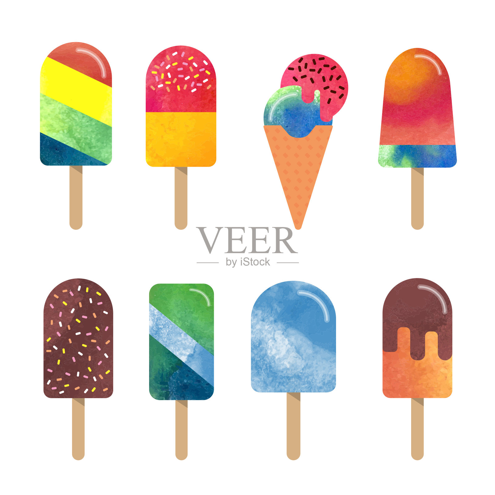 彩色水彩美味甜点甜食冰棒收藏插画图片素材