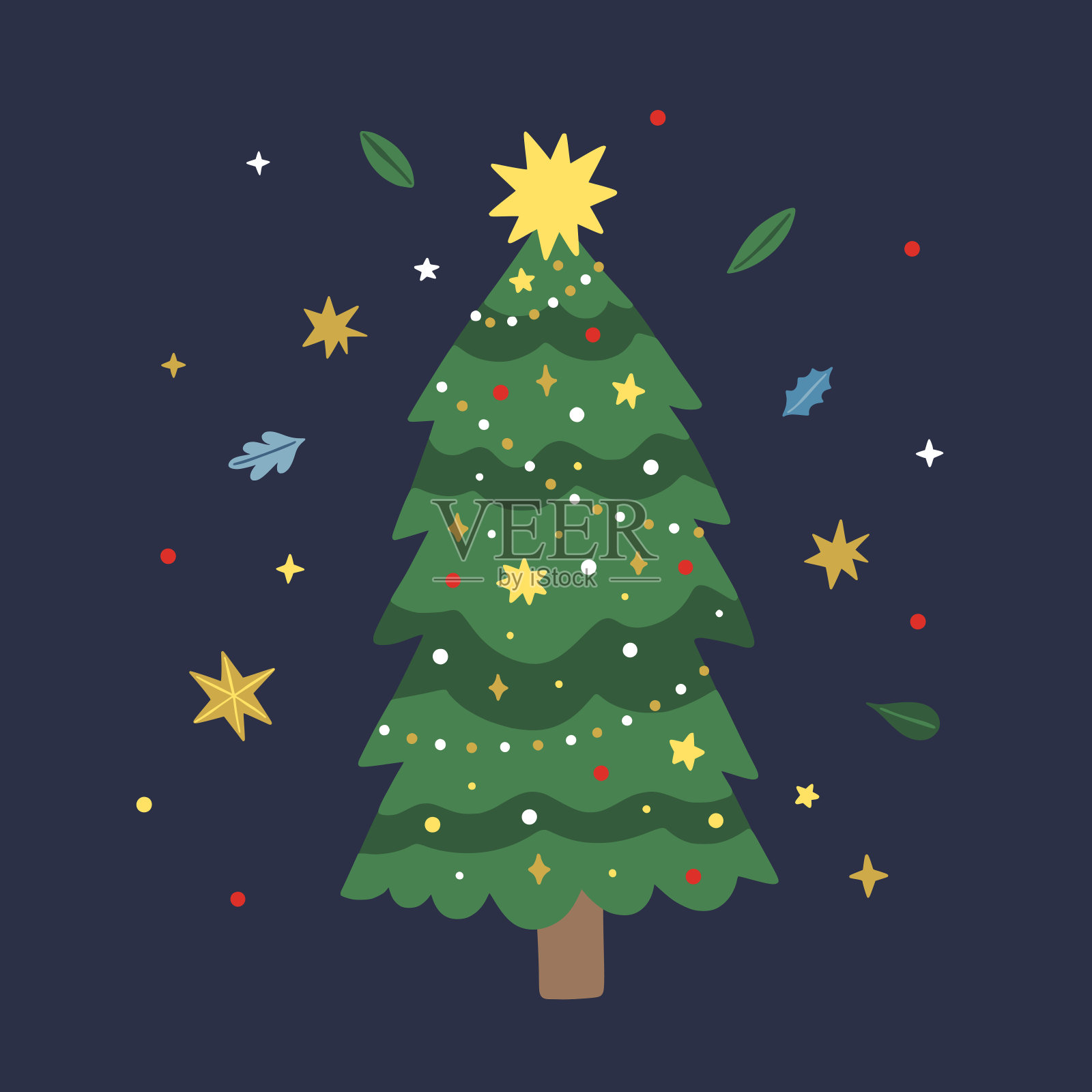圣诞树矢量插图。节日冷杉树可爱的剪纸在黑暗的背景。圣诞快乐，新年贺卡插画图片素材