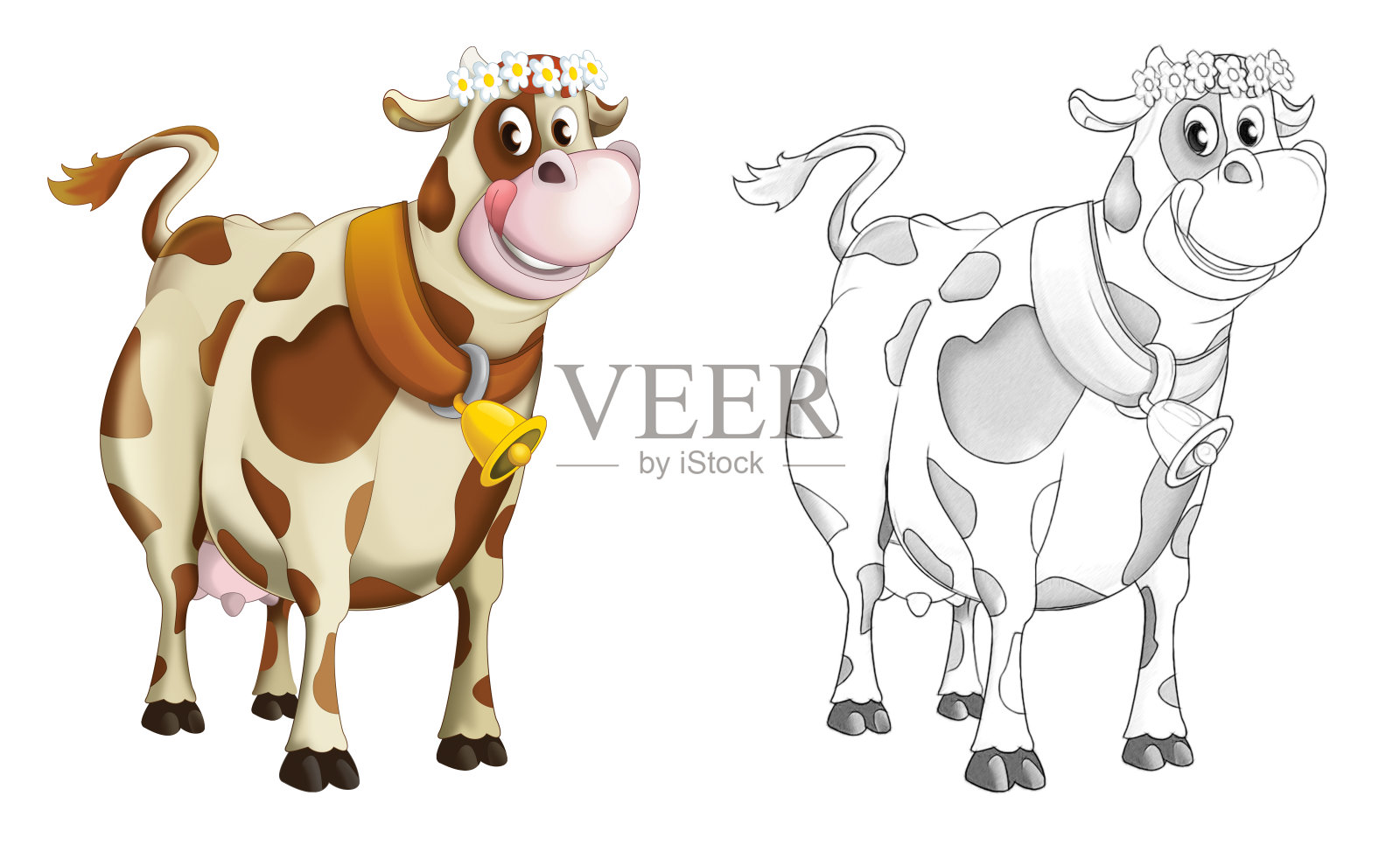 卡通快乐农场动物欢快农场牧场牛与素描插图插画图片素材