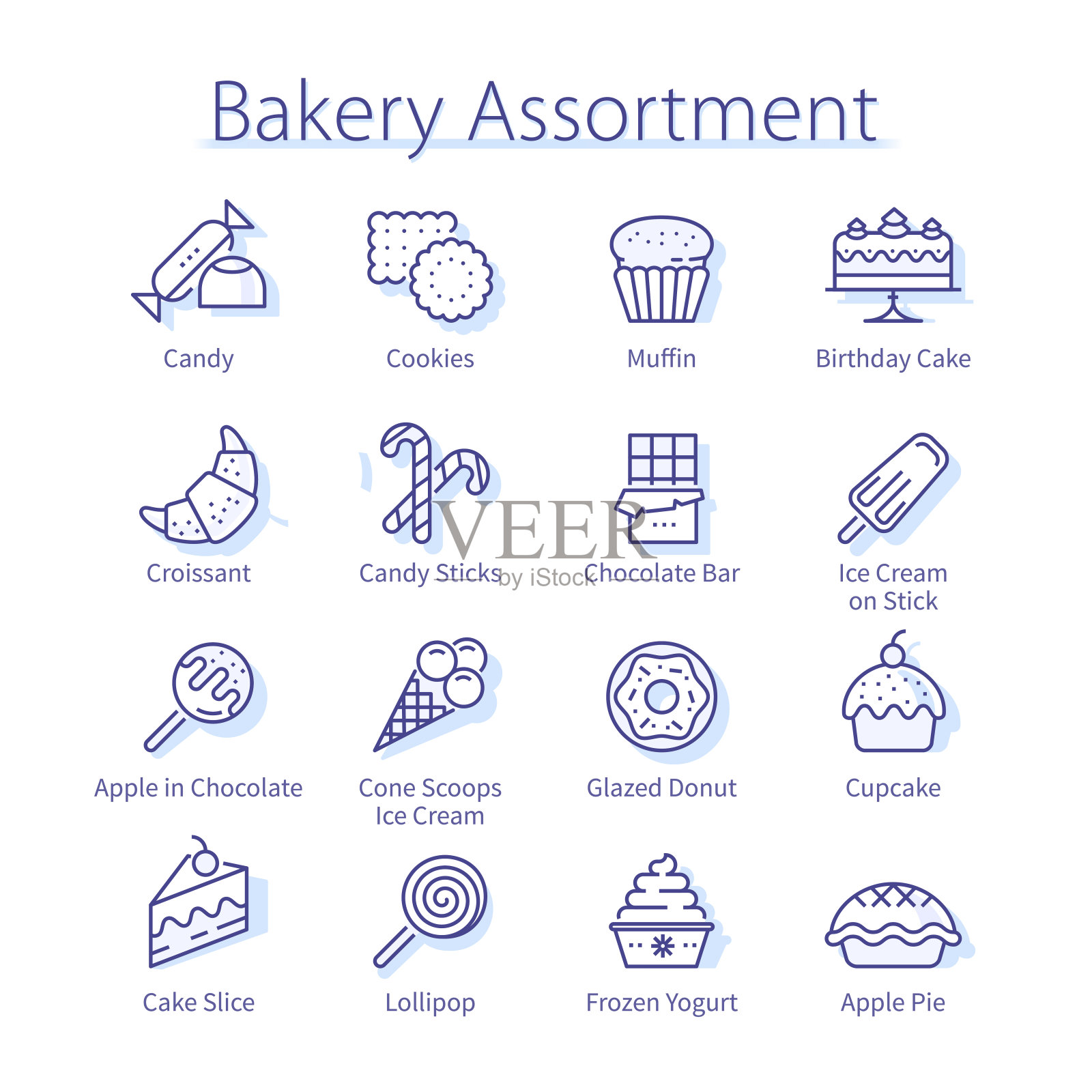 面包店分类包。美味的饼干，糖果，甜零食，生日，纸杯蛋糕，羊角包，蛋糕，馅饼食物细线图标集。美味的糕点甜点线性矢量插图图标素材
