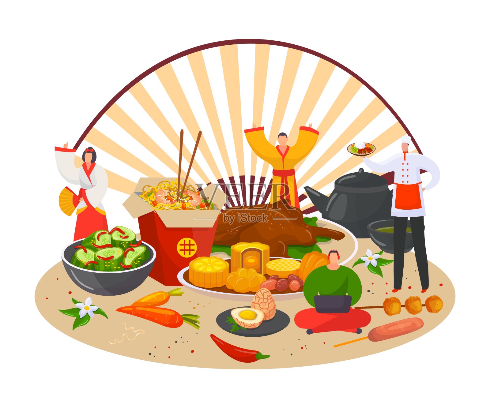 中国菜以碗肉、面条、筷子、亚细亚菜矢量说明。糖醋鸡，牛肉西兰花，鸡肉炒面。插画图片素材