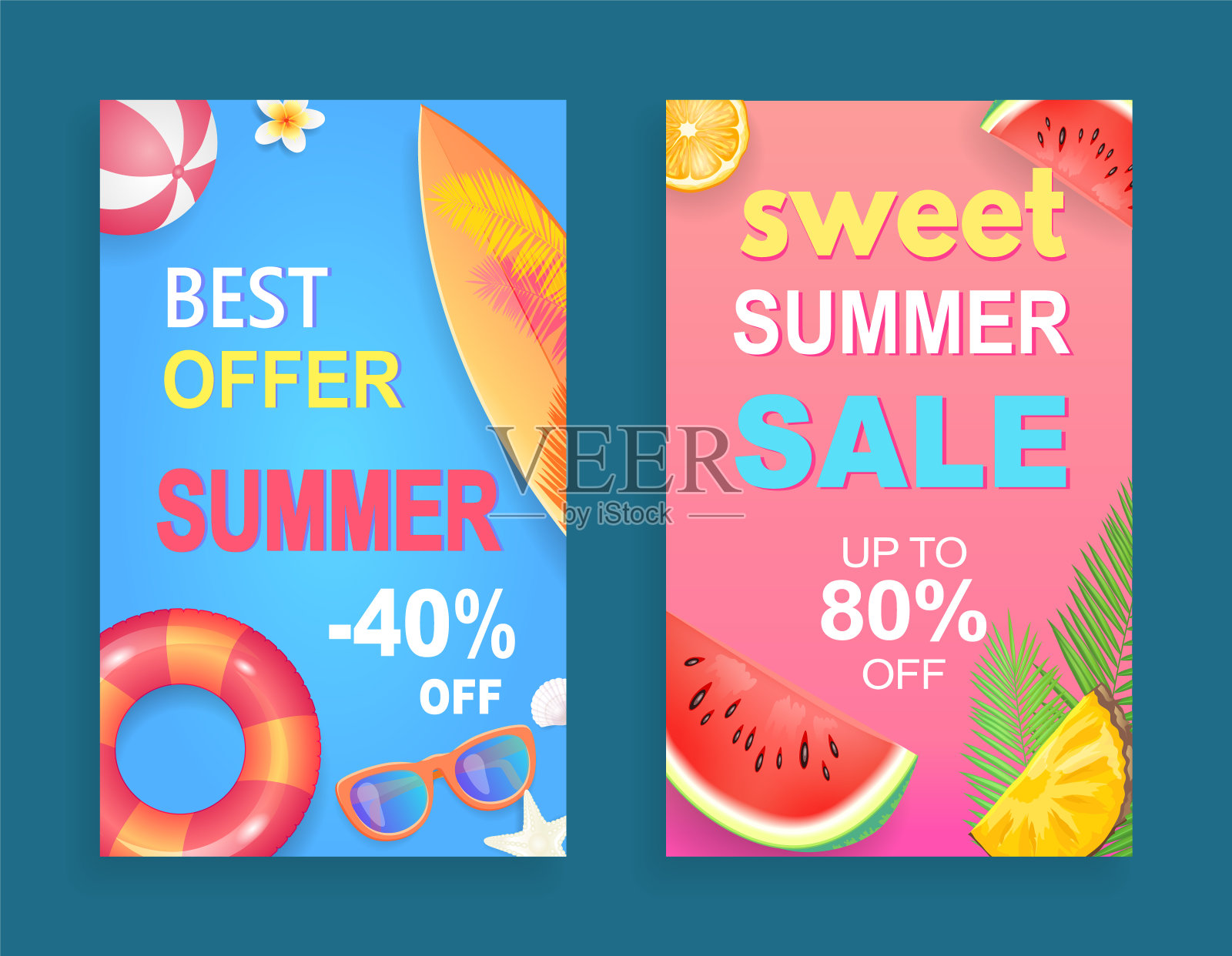 最佳提供夏季设置海报矢量插图设计模板素材