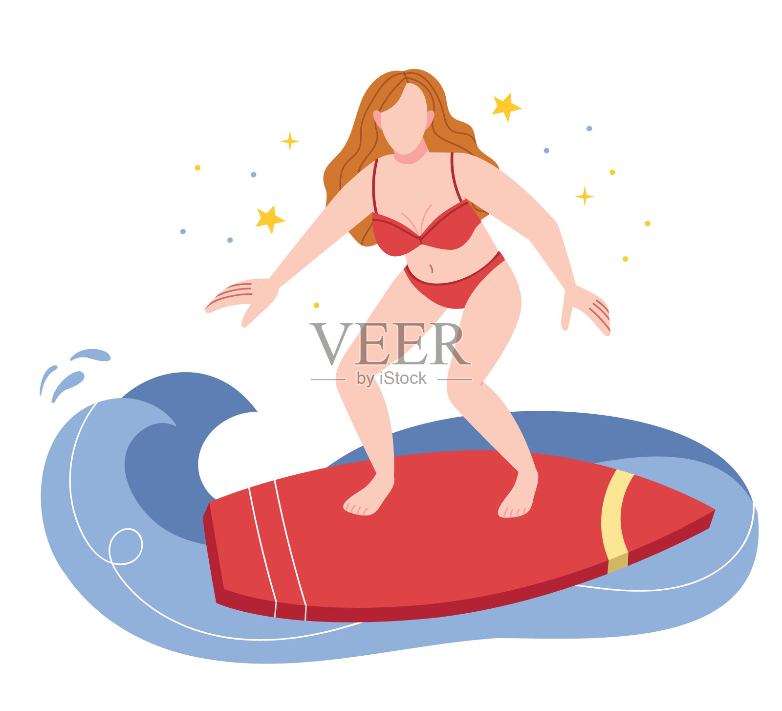 一个穿着红色游泳衣的女孩在冲浪。女人度假与冲浪板在海滩附近的海洋。假期的概念。极限运动。冲浪运动女性喜欢骑马。插画图片素材