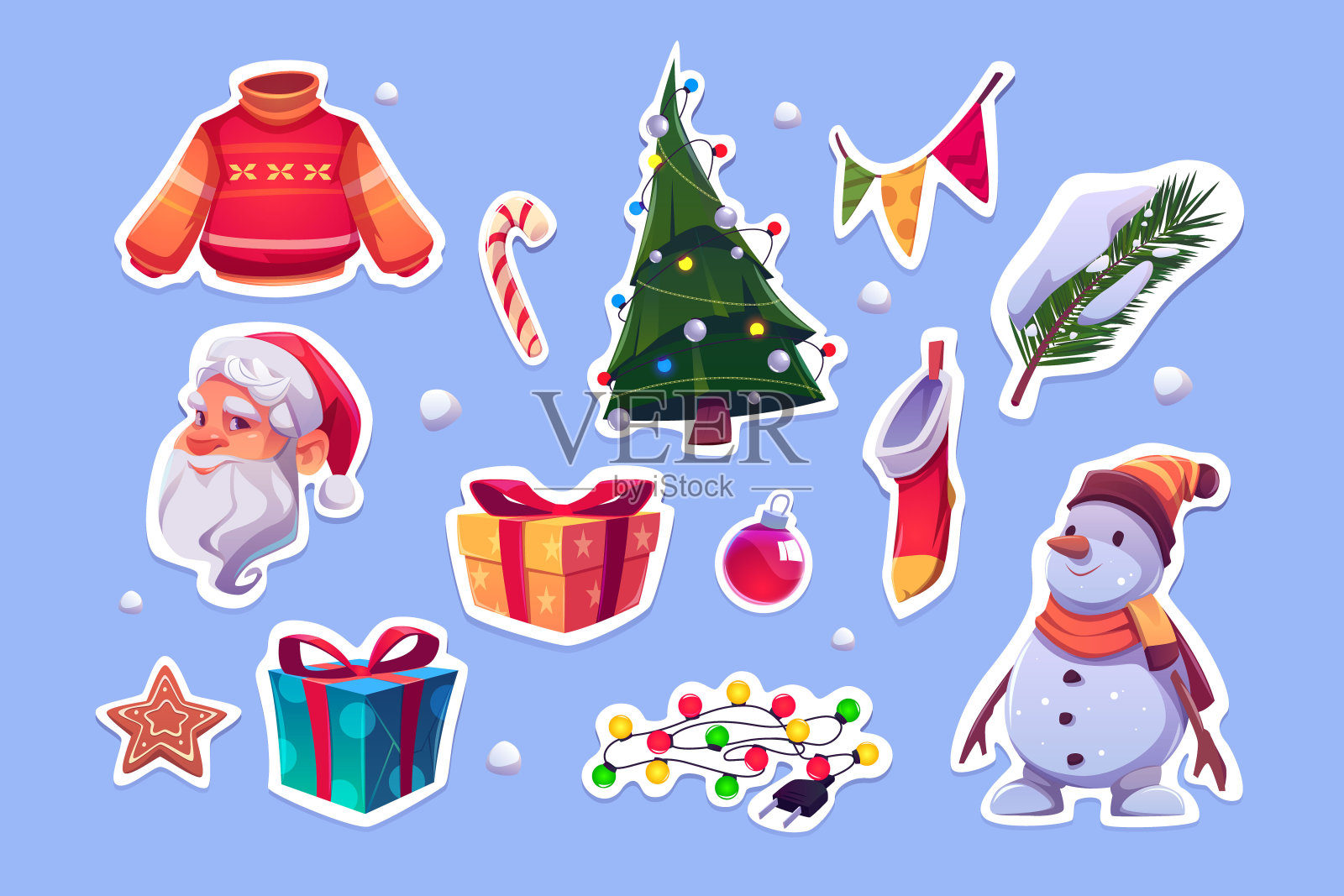有圣诞老人和松树的圣诞贴纸插画图片素材
