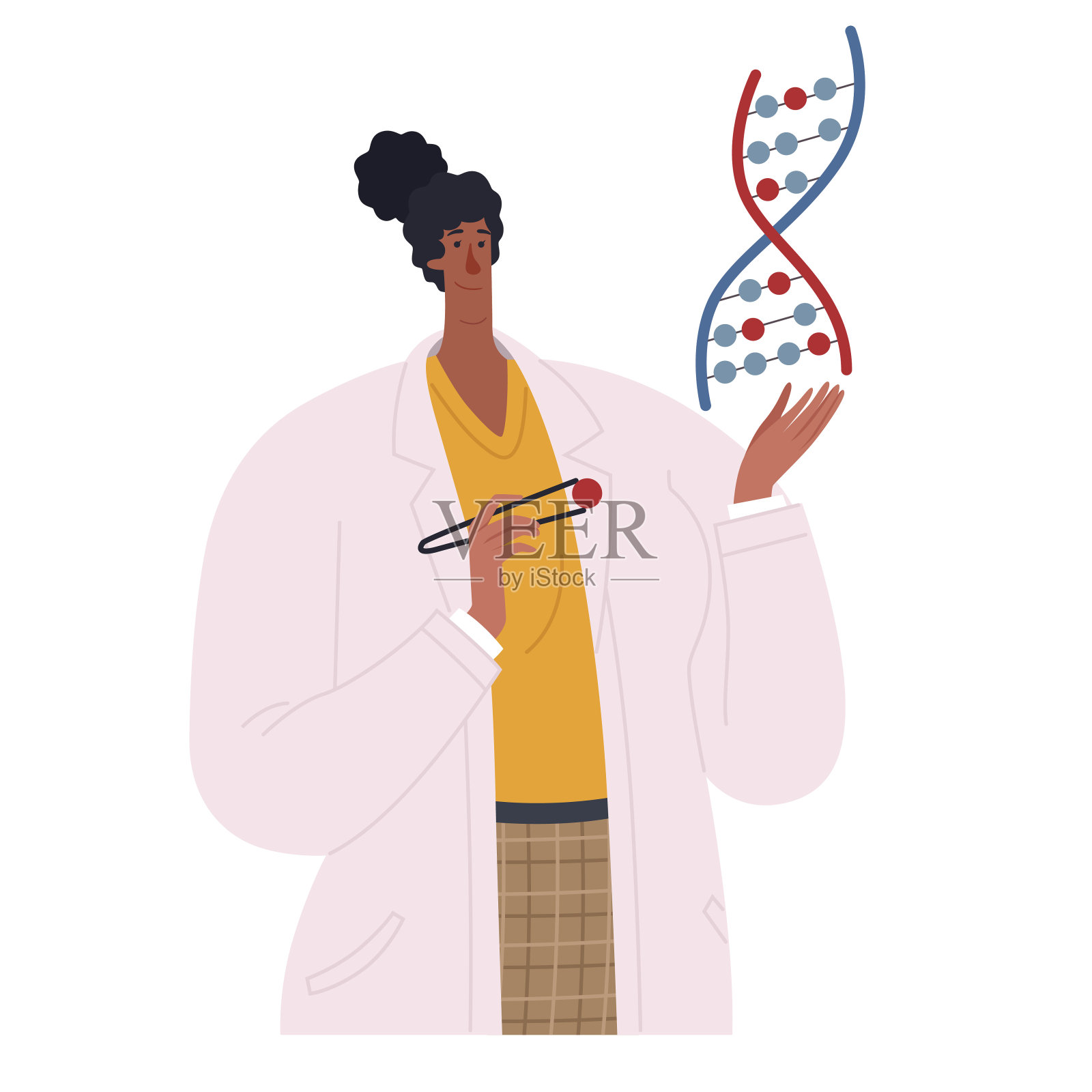非裔美国生物学家手里拿着dna螺旋。遗传学家非洲裔美国妇女测序dna分子插画图片素材