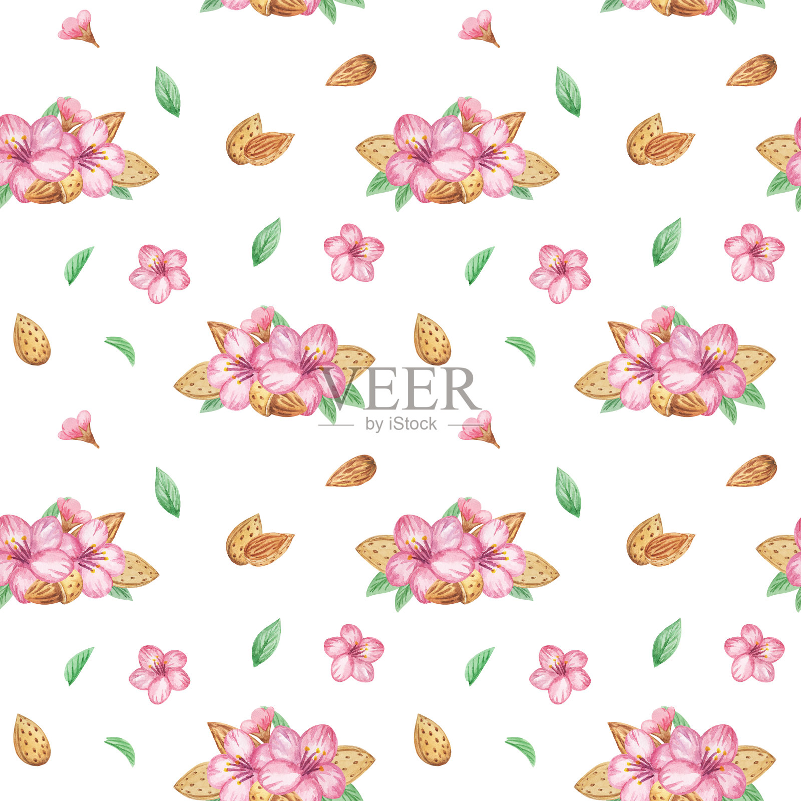 杏仁和粉红色花朵无缝图案。手绘水彩坚果插图，杏仁墙纸，纺织印花，孤立的装饰在白色的背景插画图片素材