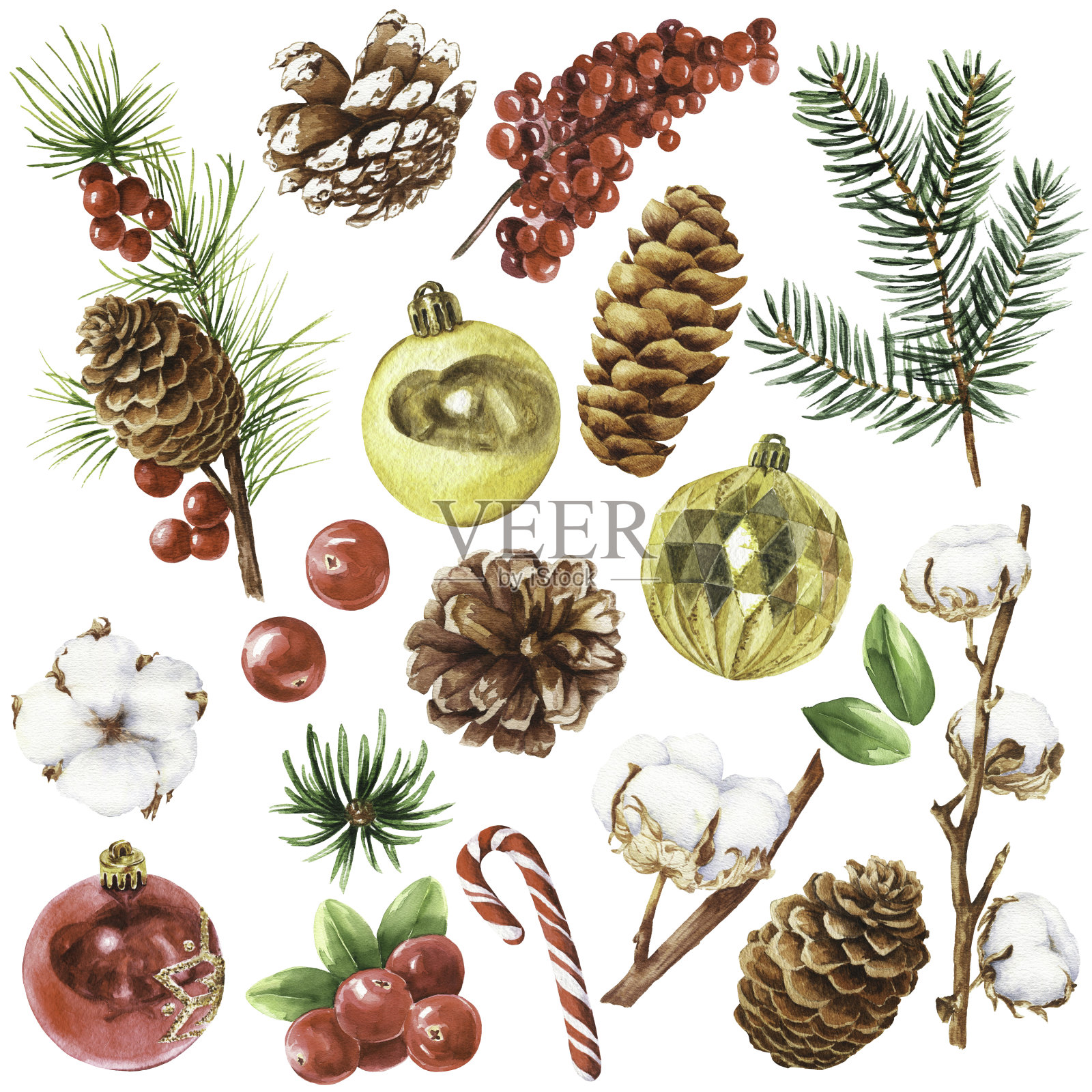 水彩圣诞装饰集，手绘冬季假期水彩插图孤立的白色背景。插画图片素材