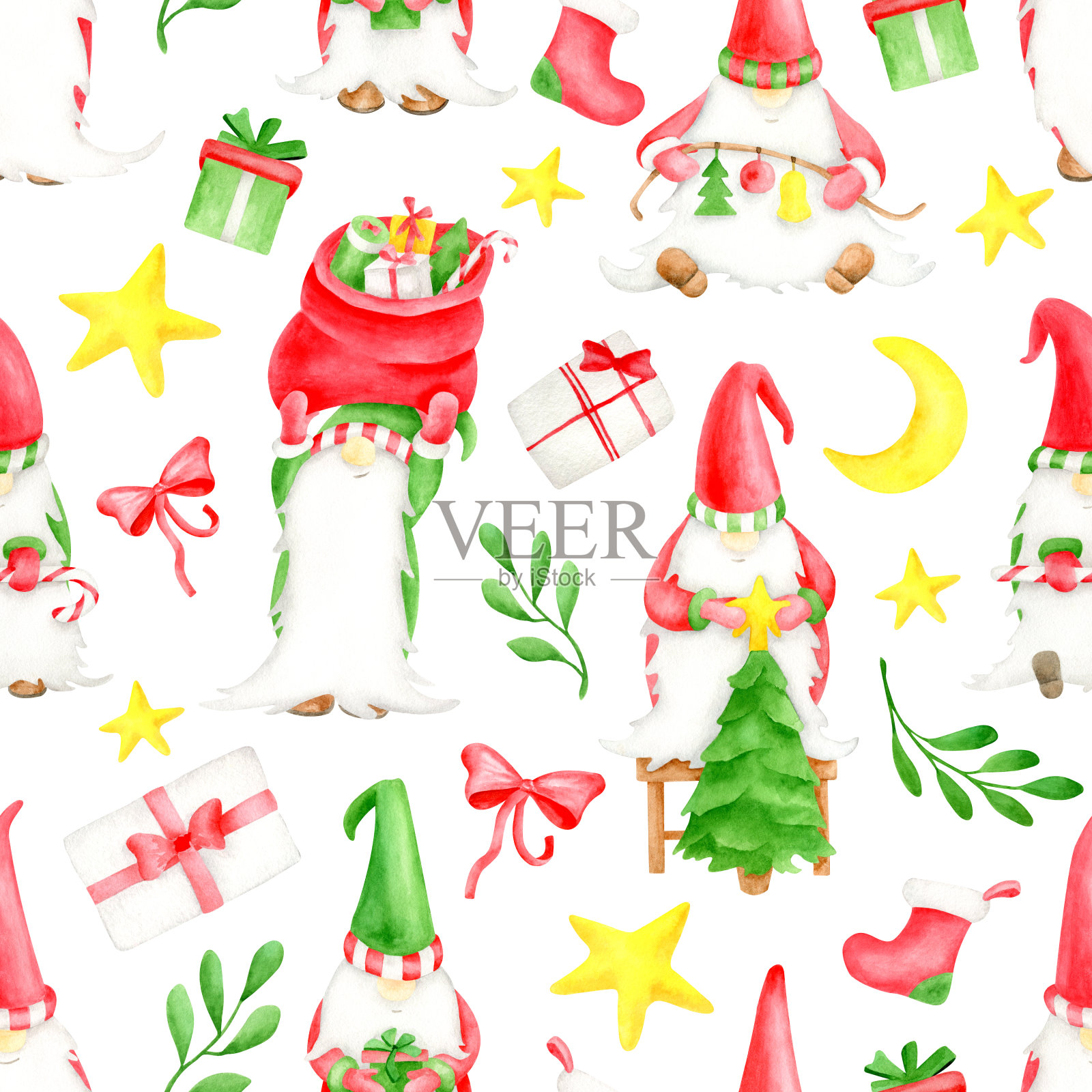 水彩圣诞无缝图案。手绘北欧精灵，礼盒，红色蝴蝶结，槲寄生叶，星星和圣诞袜孤立在白色。新年装饰为包装、墙纸、印刷设计。插画图片素材