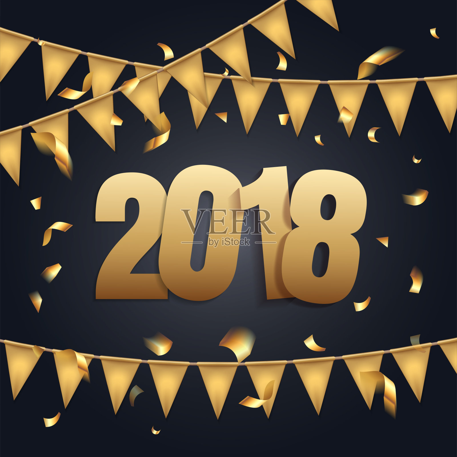 2017年新年快乐背景与黑色和金色，旗帜花环和五彩纸屑。贺卡设计庆典。矢量图插画图片素材