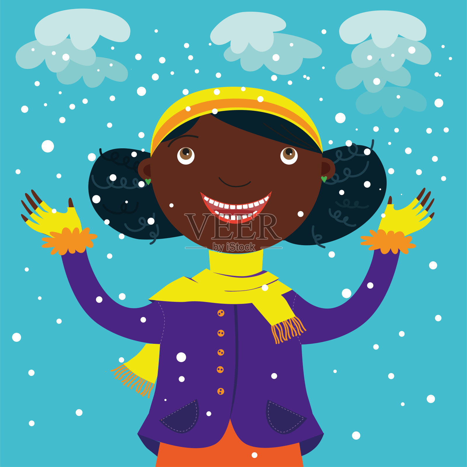 一个非裔美国女孩仰望着飘落的雪花设计元素图片