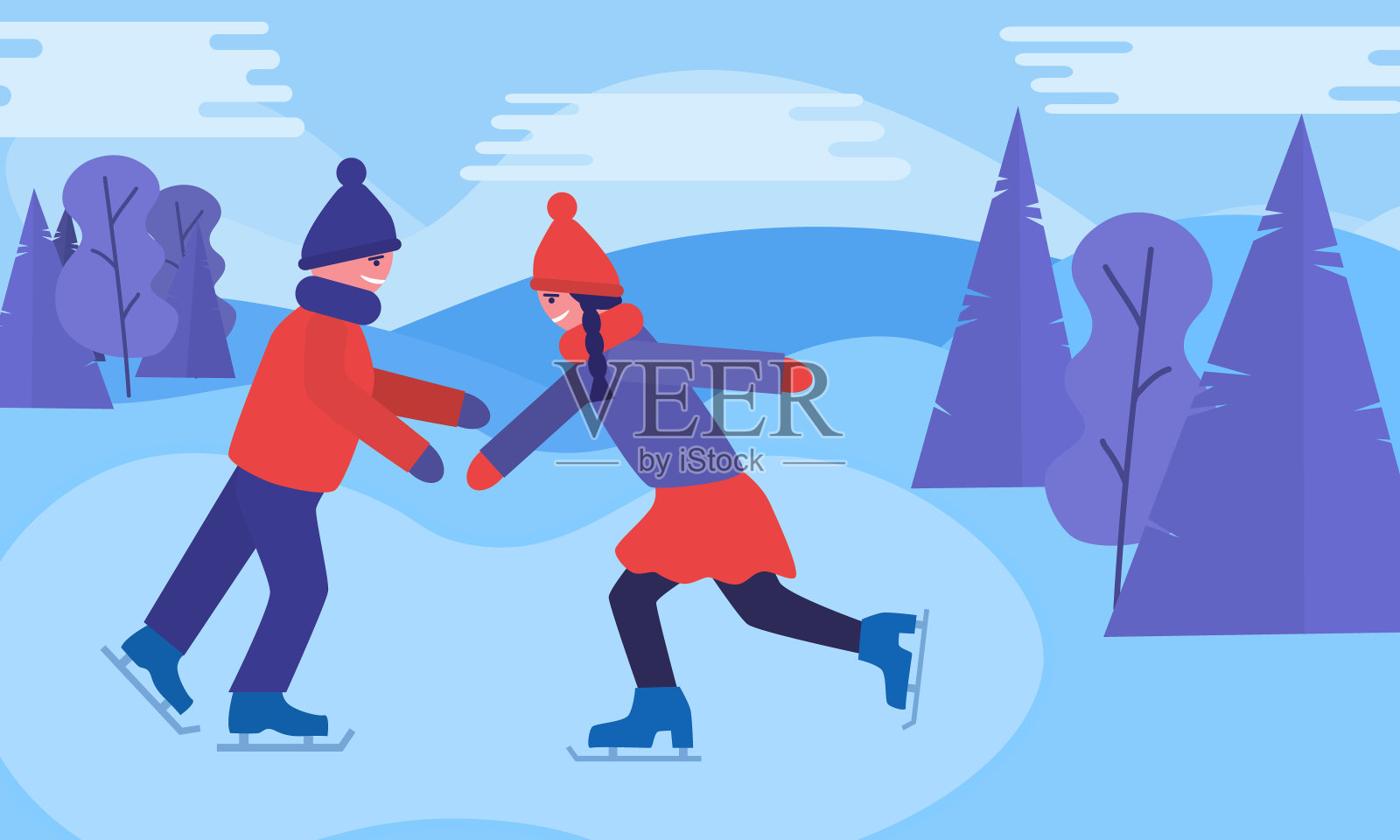 女人和男人在溜冰场上滑行。雪景，冬季活动和运动。寒假里，一对夫妇在雪山里游玩。滑冰滑冰，寒假快乐。平的插图插画图片素材