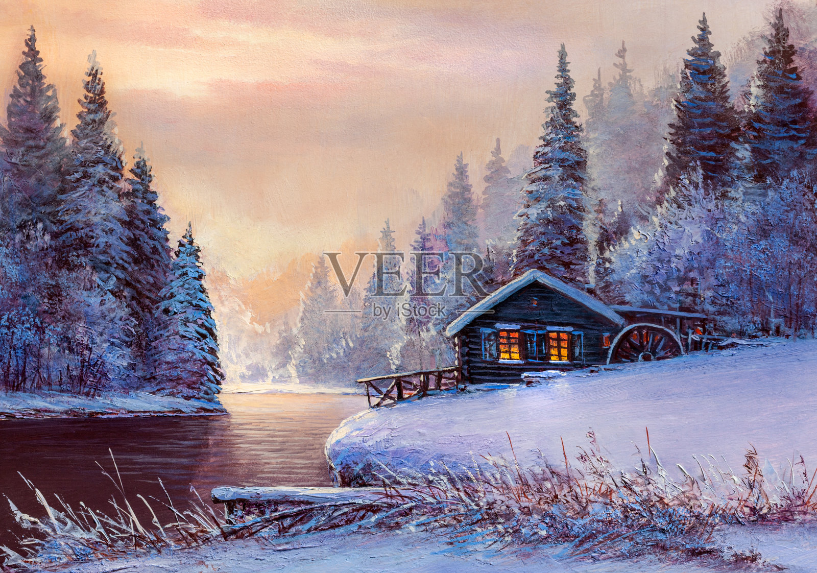 冬季景观有河流和水磨。油画。插画图片素材