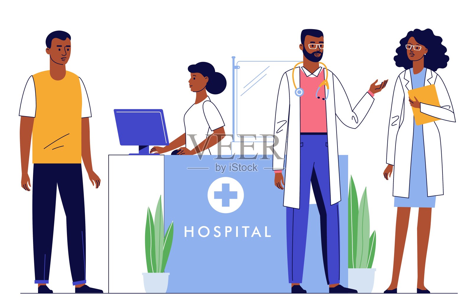 医学概念与黑人医生和病人在医院大厅的背景插画图片素材
