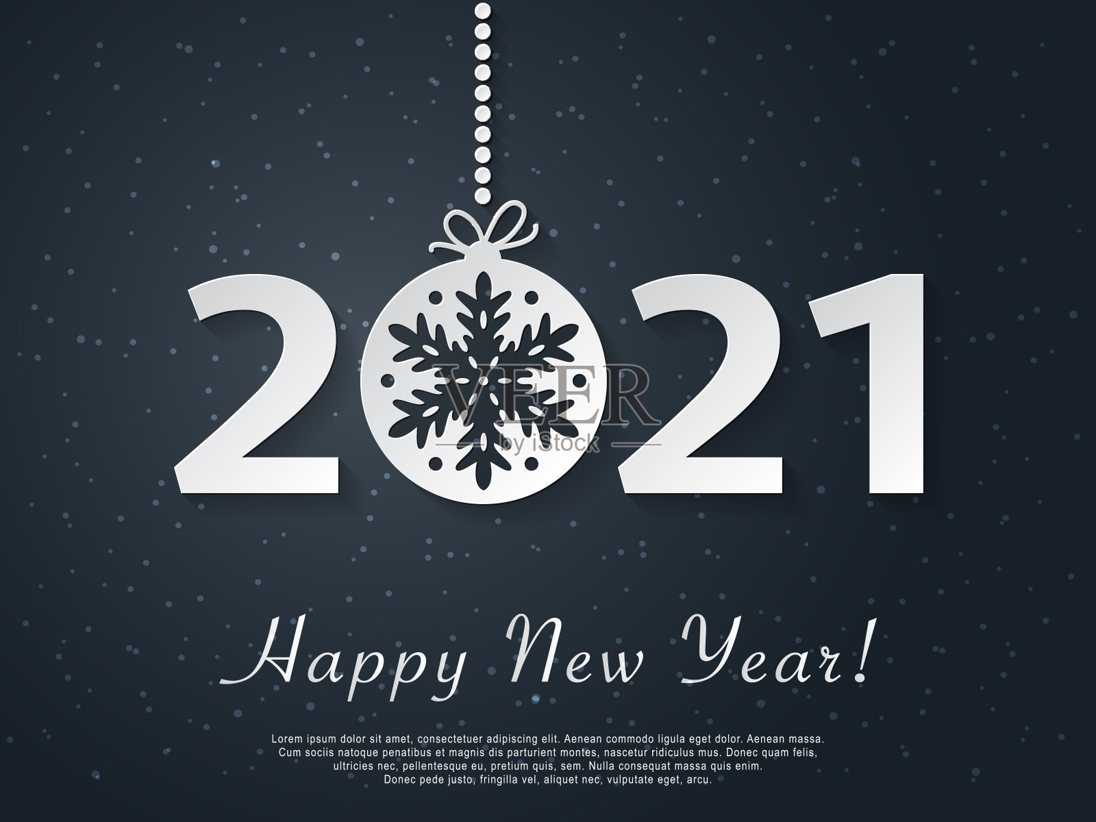 快乐的2021年新年设计与白色圣诞球与雪花。插画图片素材
