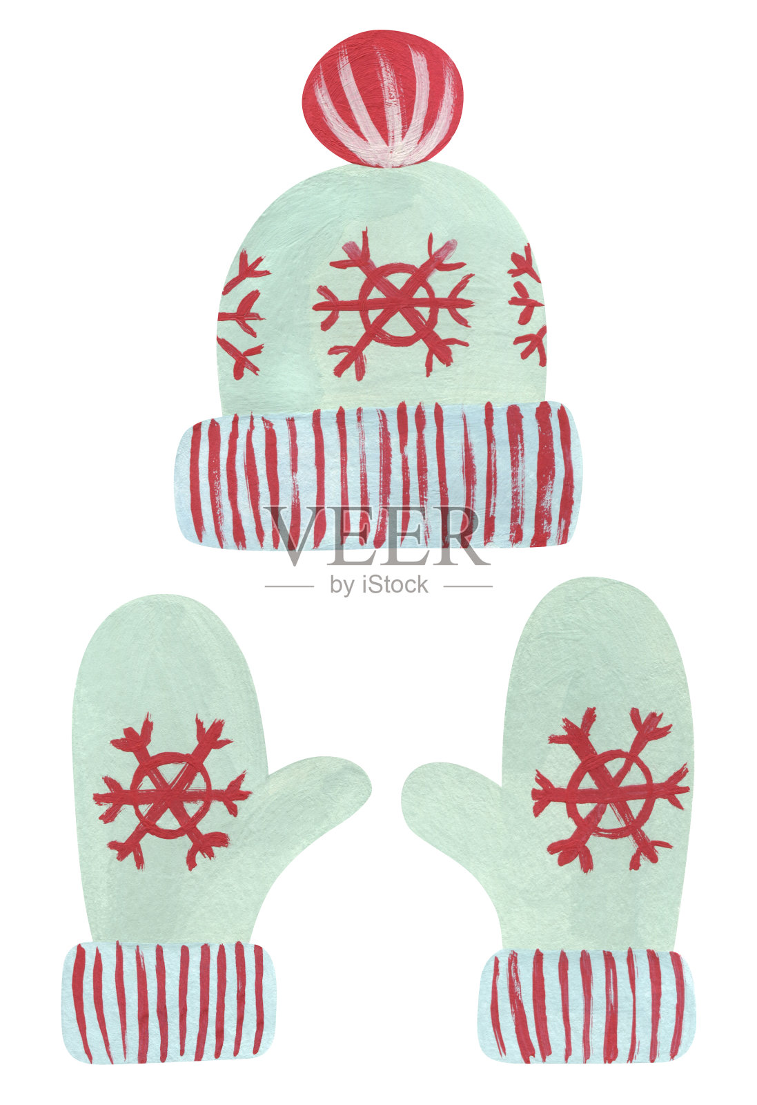 手绘水粉帽子和手套。可爱的冬季配饰插图。插画图片素材