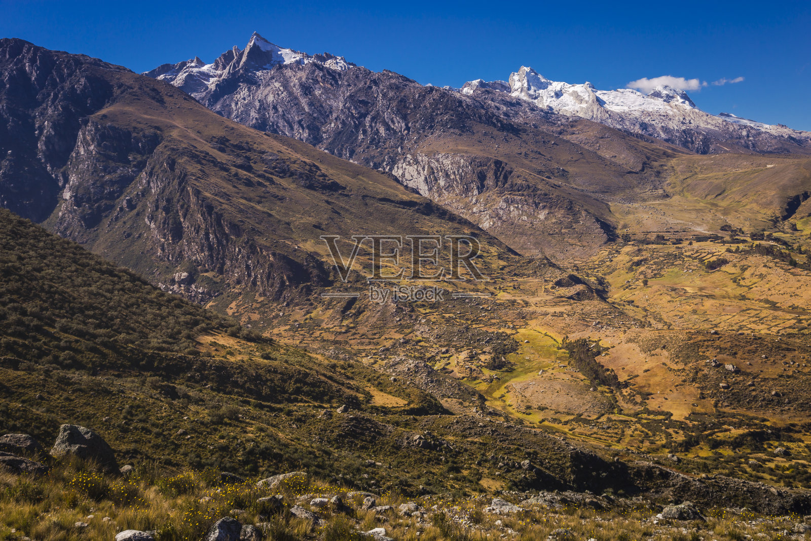 在秘鲁安第斯山脉附近，充满戏剧性的科迪勒拉布兰卡山景照片摄影图片