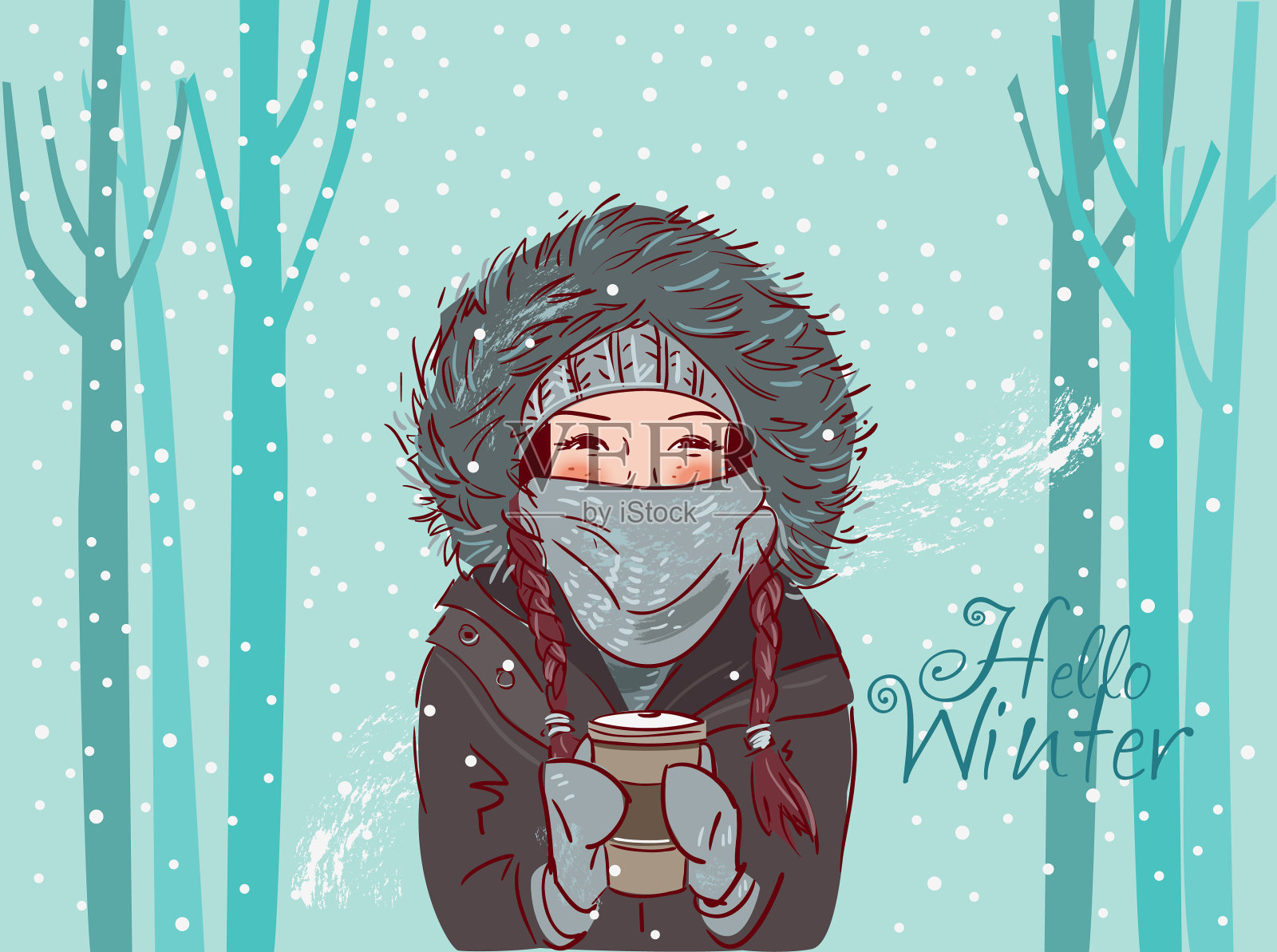 可爱的冬天女孩拿着咖啡杯插画图片素材