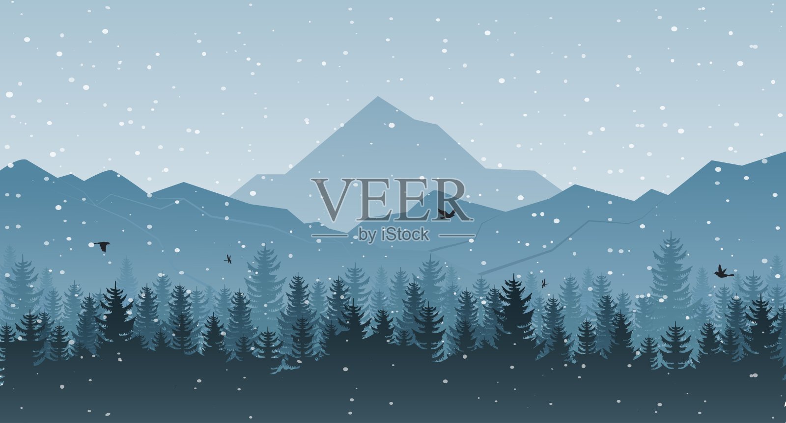 冬季景观，以树和山为圣诞背景插画图片素材