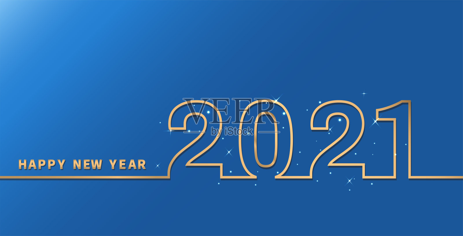 金色2021年新年快乐，蓝色背景闪闪发光。矢量插图。插画图片素材