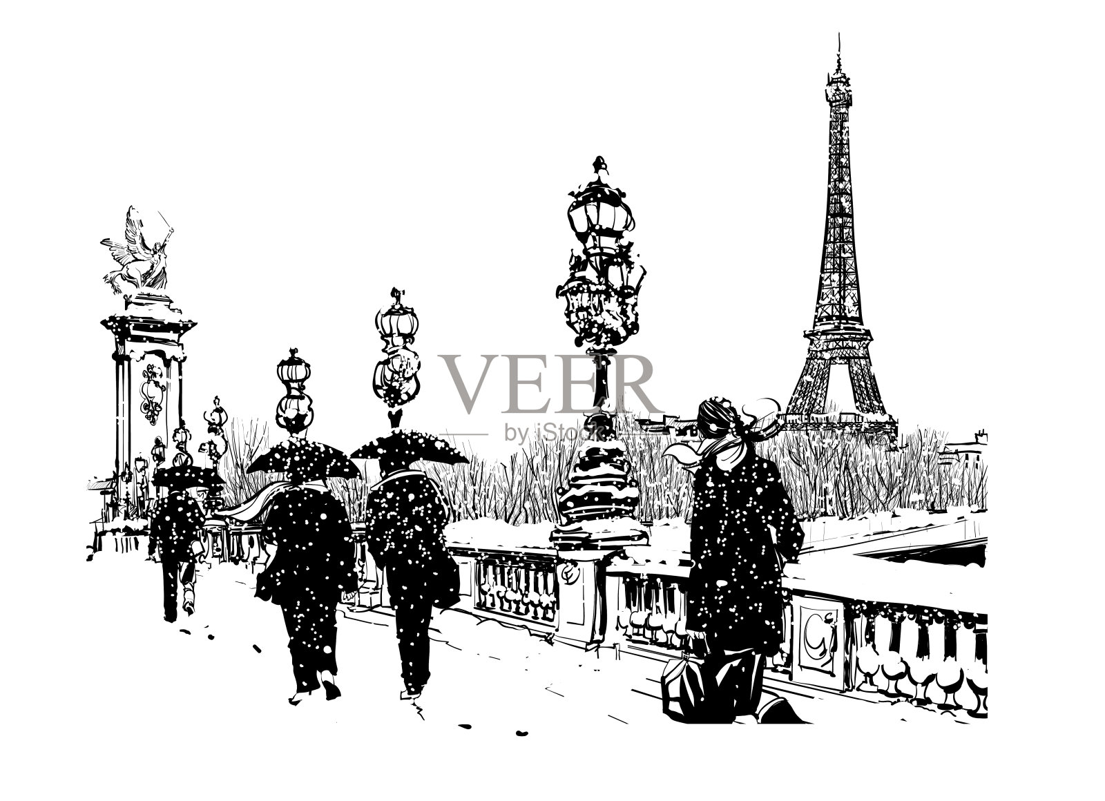 雪下的亚历山大三世桥，法国巴黎插画图片素材